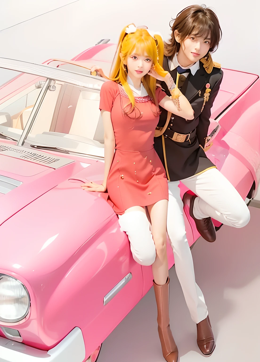 Riding in the body of a pink car、Embarrassed look、A commemorative photo of two very happy people、(Truly everything is real and realistic、It seems that there are real people there：1.5)、Girls are well-styled、She is wearing a light pink dress、legs are long、Exposing skin、Normal Bust Size、She wears pink boots that are just below the knee、Very cute、With a beautiful face、Blonde straight long hair、big eyes、Dark brown eyes、Eyelashes are also long、Men、The jacket is a military uniform in the style of the former Japan Imperial Navy.、White slacks underneath、Wearing dark brown leather shoes、He has a handsome face、male people、Also with women、Symmetrical well-formed face、With symmetrical eyes、He is smiling at his eyes。The mouth is closed