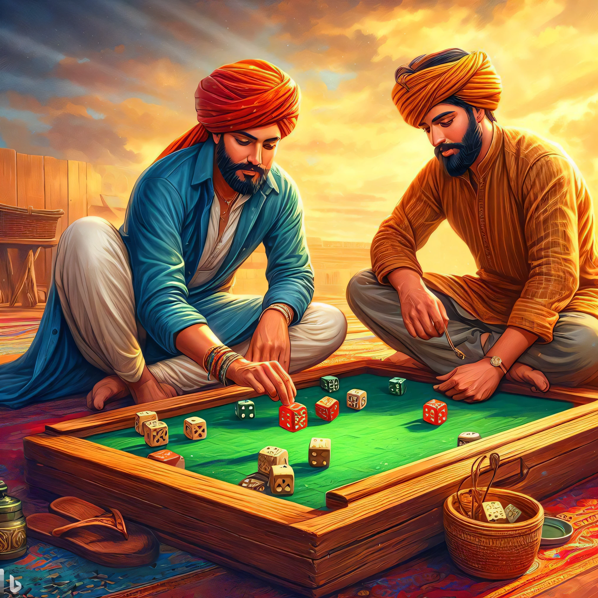 two men playing a game of dice on a rug, game illustration, detailed game art illustration, board game cover art, card game illustration, by Daryush Shokof, rolling dice, game art, strategy game, detailed game art, by Sardar Sobha Singh, mobile game, inspired by Manjit Bawa, games, cover shot, by Manjit Bawa