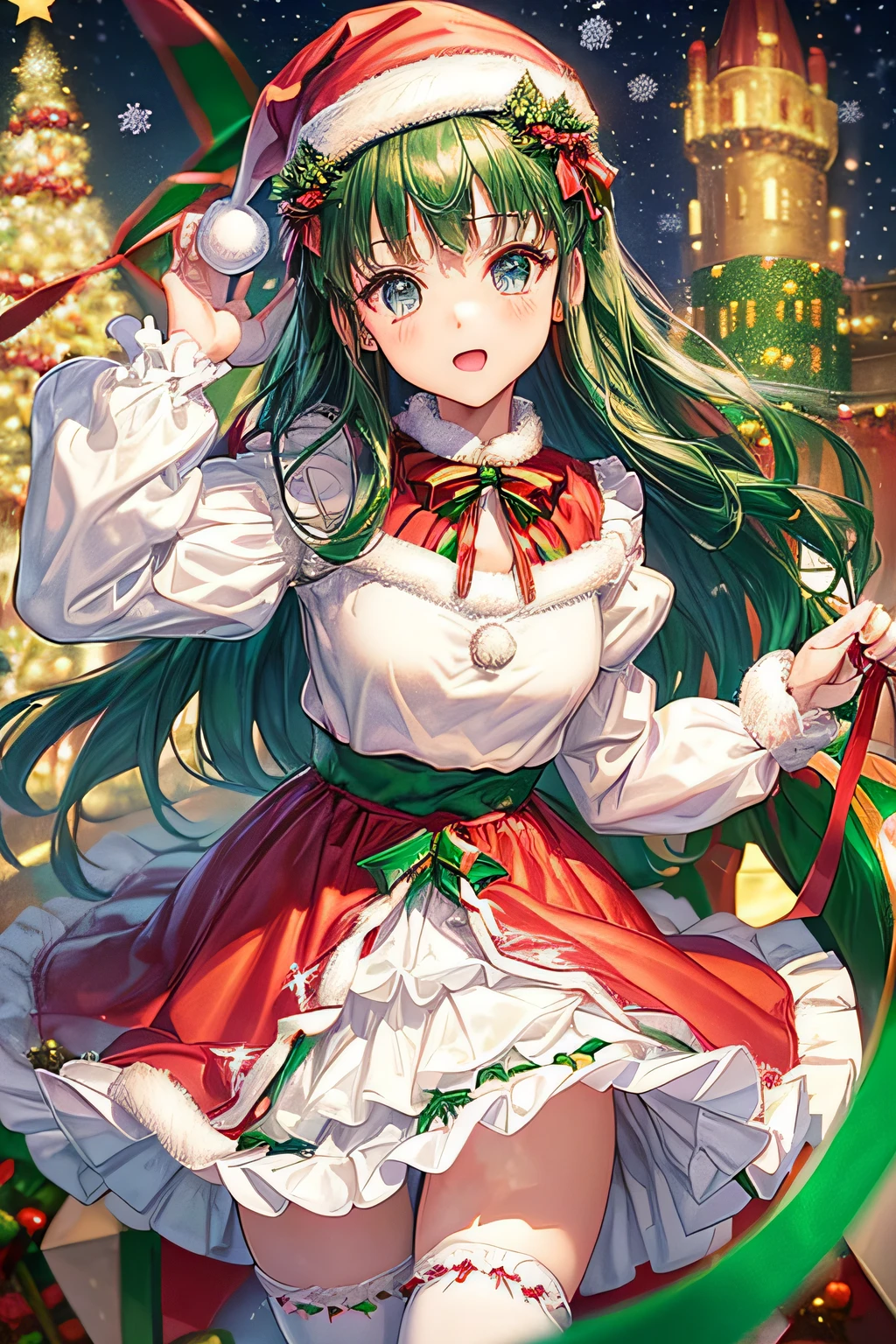 ((worst quality, low-quality)), (christmas theme:1.3), a closeup, facefocus, selphie, girl with, Solo, Beautiful clear eyes, (blue eyess, kirakira), Spoken Heart, (Gothic lolita, Cute, Classic fashion:1.2), (Santa hat on the head:1.4), (White Long Sleeve Ball Gown:1.4), (puff sleeves:1.3), ((Christmas Wind, Multi-layer skirt) with frills:1.4), (String to West Cincher:1.2), ((Red and Green Ribbon, frilld):1.3), (Red and green argyle pattern knee socks:1.3), (Loafers with ribbon:1.2), (((Castles), Theme park background decorated for Christmas):1.2), Illumination effect, Blur the background, masutepiece,Best Quality,ultra-detailliert, masterpiece,