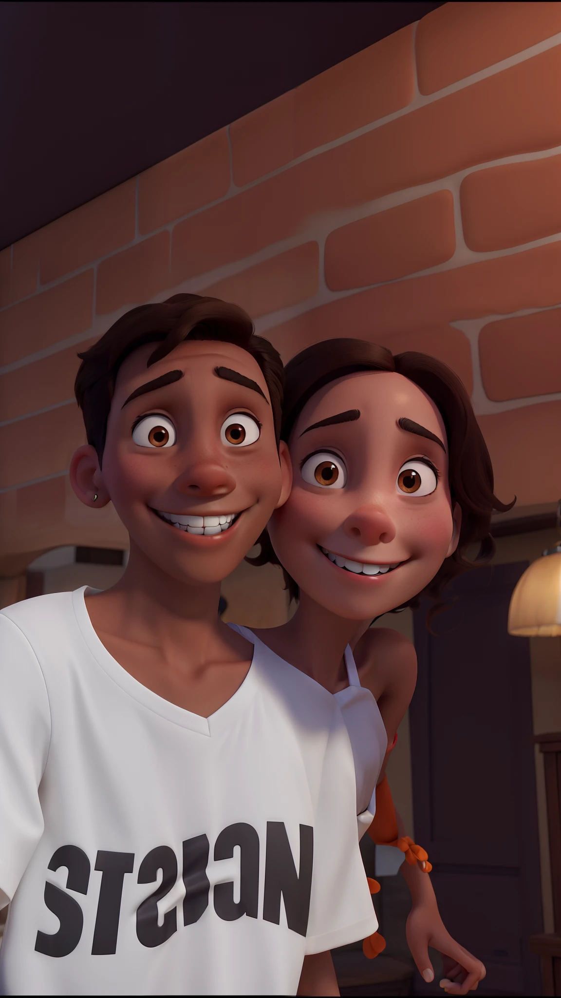Obra-prima, She wears orange strappy dress He wears white shirt, He's got braces and he's smiling she's smiling she's brunette and he's brunette