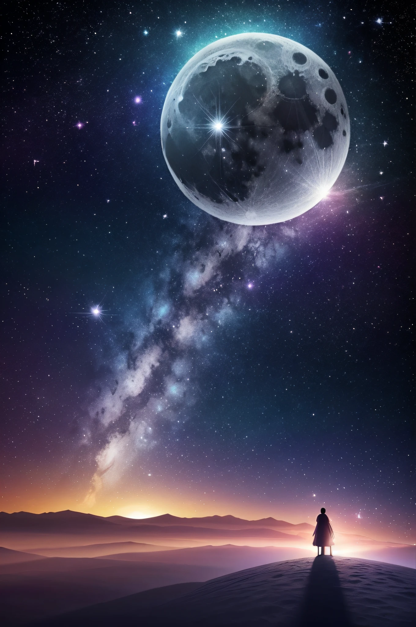 Create an artistic image of the new moon with a poetic and enchanting look. A imagem mostra a lua nova em destaque, com seu contorno delicado e uma aura suave ao redor. The sky around the moon is filled with twinkling stars and small nebulae, Creating a magical environment. The image conveys a sense of mystery and magic, Inviting people to surrender to the energy of the new moon and allow themselves to dream, manifestar desejos e iniciar novos projetos.