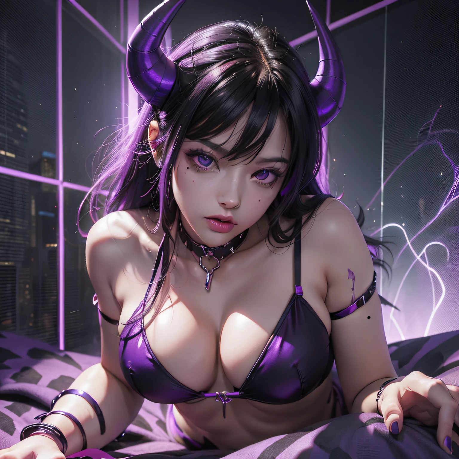 demon girl, perfect face, black hair, flashes, purple neon, purple lightning, night, ruins, soaring, ((sexy bikini)), dynamic lighting, high detail, complex background, neon, clarity. high quality 4k, (red horns), powerful woman, (seductive), (((lying on the bed))), (evil), magic