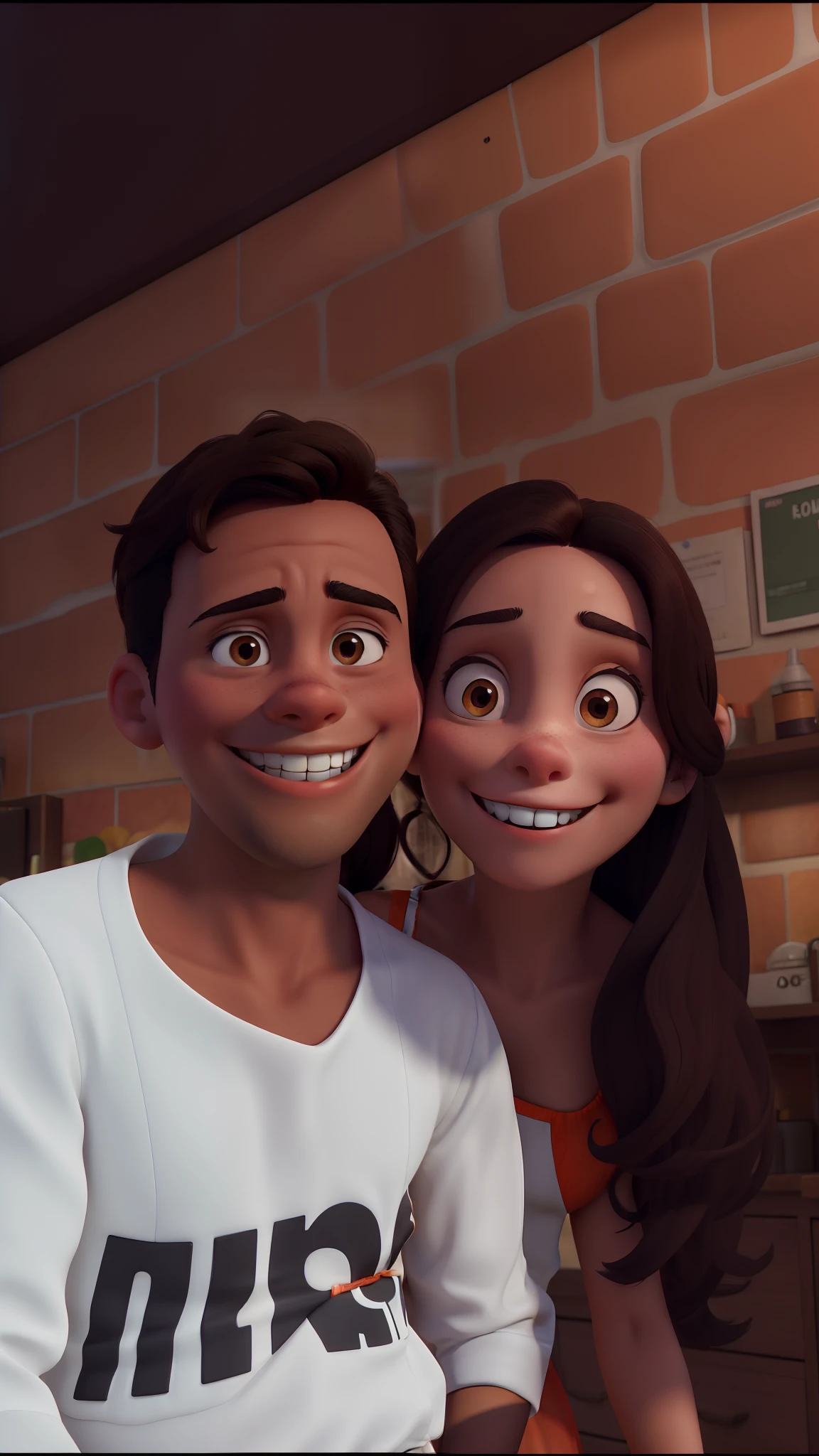 Obra-prima, She wears orange strappy dress He wears white shirt, He's got braces and he's smiling she's smiling she's brunette and he's brunette