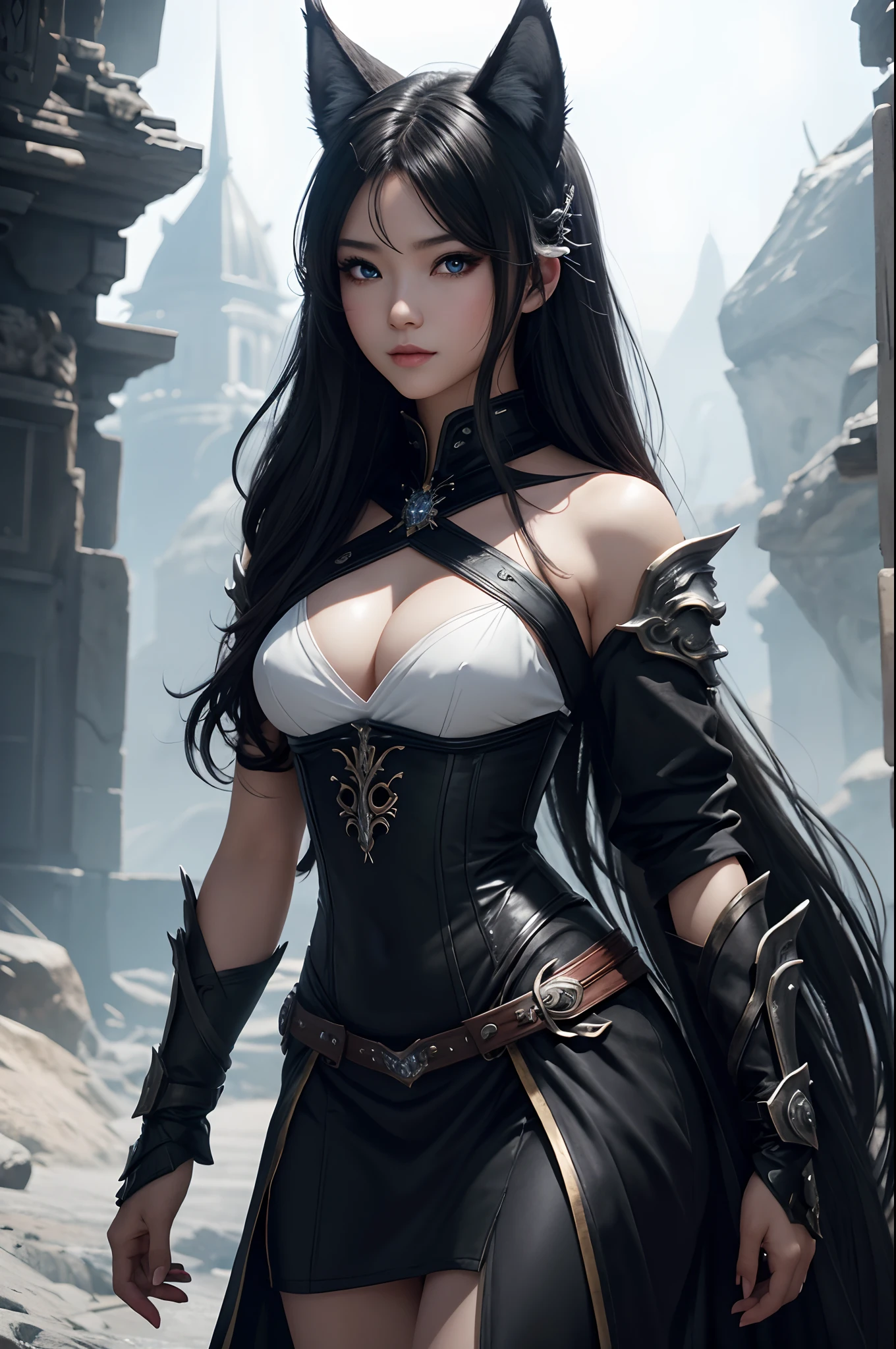 8K,Close-up of a woman in a white and black dress with very small breasts、Dark hair、Werewolf with small breasts of a  girl,Super beauty,(Lifelike)Blue eyes,,assassin,Chengwei Pan on Artstation、 Yang J 作、 Intricate fantasy art、Stunning character art、 Fanart Meilleure ArtStation、 Magnificent and elaborate character art、 Maid costume、Highly detailed artgerm、 Detailed Digital Animation Art、 ArtGerm on ArtStation Pixiv、 Girl in armor、dynamic ungle、超A high resolution、a smile、real looking skin、魅惑的、A sexy、active、Wolf ears,Littles small breasts,Straight red nails(Wolf's Claw)