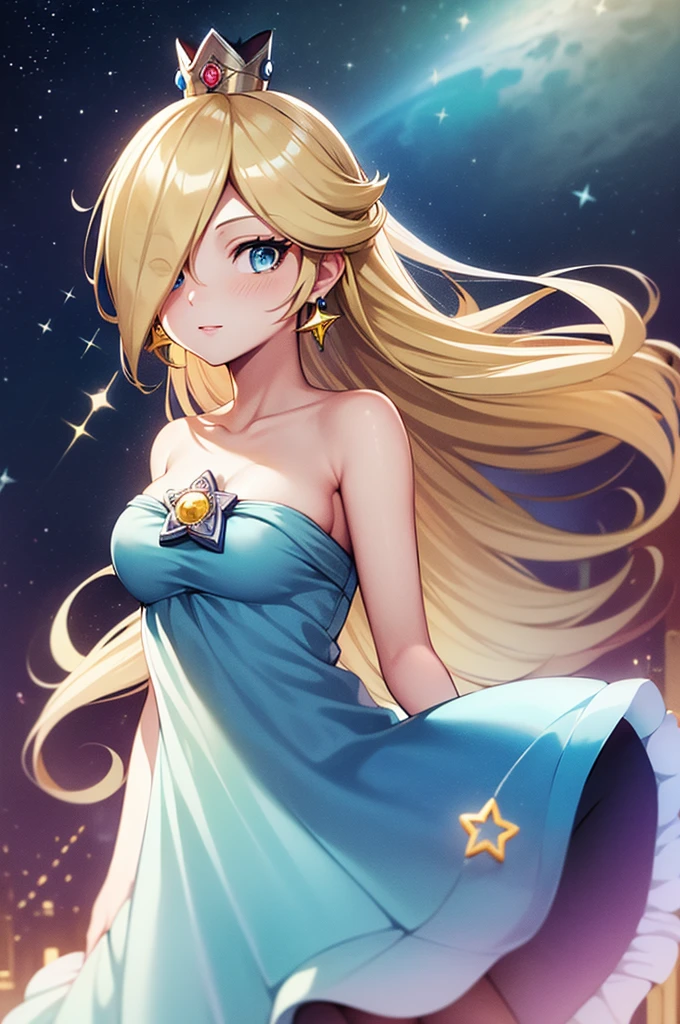 1girl,aged down,bare shoulders,blonde hair,blue eyes,blush,closed mouth,collarbone,crown,dress l,dress tug,eyelashes,female focus,from above,grey dress,long hair,pout,shiny skin,shooting star,sky,sleeveless,sleeveless dress,solo,space,standing,star (sky),starry sky,tearing up