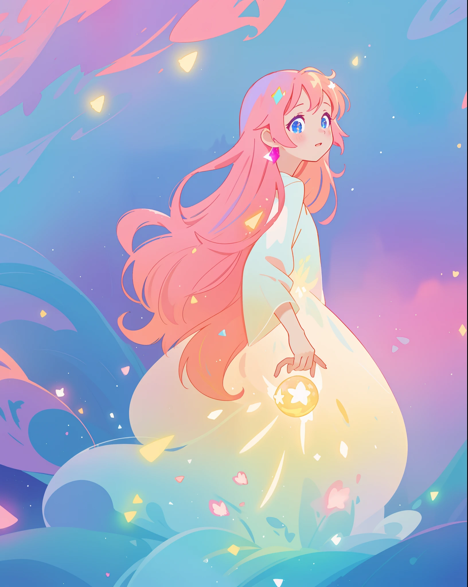 beautiful girl in sparkling gradient ballgown, long wavy peach pink hair, vibrant pastel colors, (colorful), colorful watercolor background, ethereal, magical lights, sparkling liquid light, inspired by Glen Keane, inspired by Lois van Baarle, disney art style, by Lois van Baarle, glowing aura around her, by Glen Keane, jen bartel, glowing lights! digital painting, flowing glowing hair, glowing flowing hair, beautiful digital illustration, fantasia background, whimsical, magical, fantasy, beautiful face, ((masterpiece, best quality)), intricate details, highly detailed, sharp focus, 8k resolution, sparkling detailed eyes, liquid watercolor