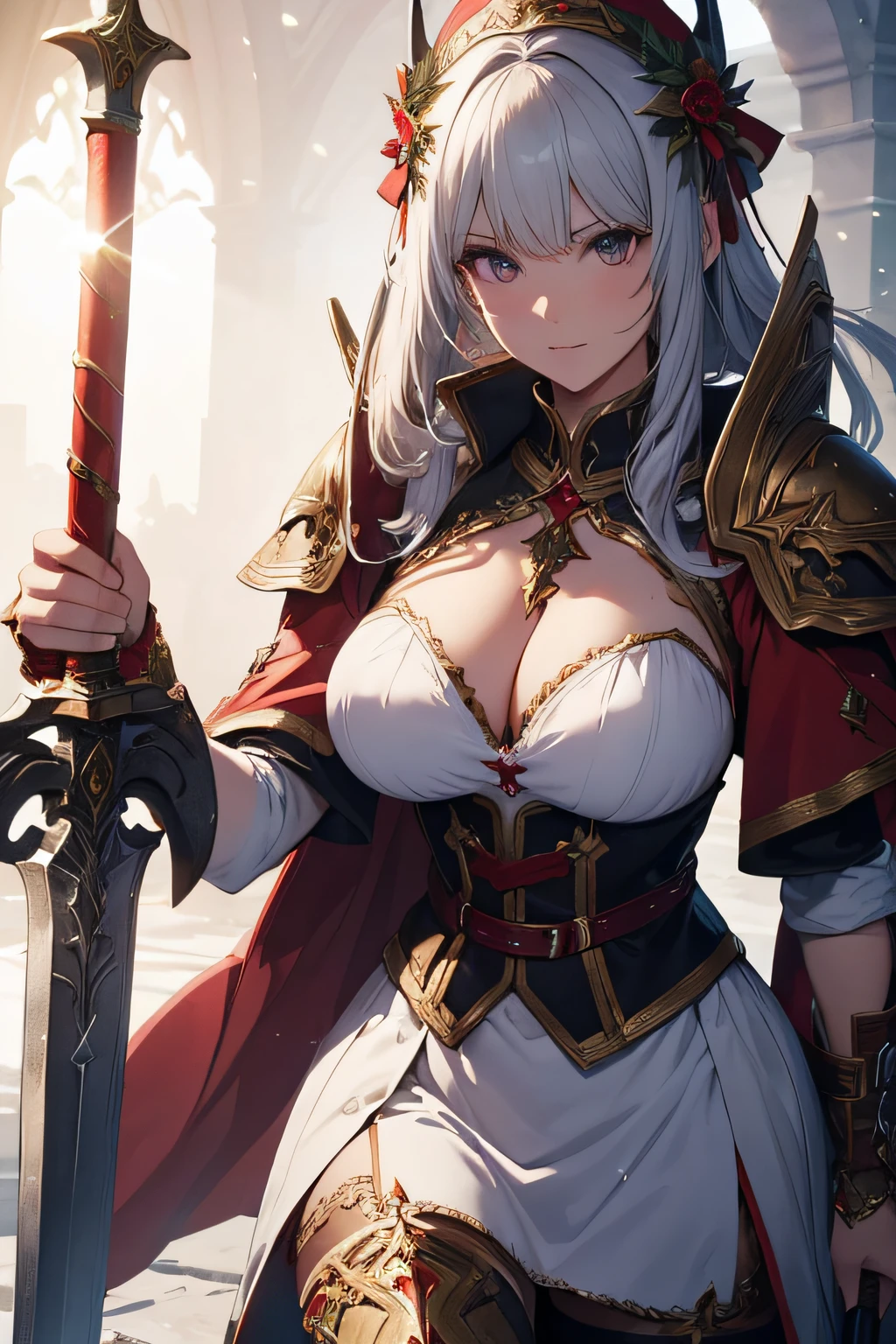 (best quality,HD,highres:1.2),detailed woman in Christmas costume,carrying a large axe on her back,wielding a massive sword,mmorpg style,fantasy,ultra-detailed weapons
