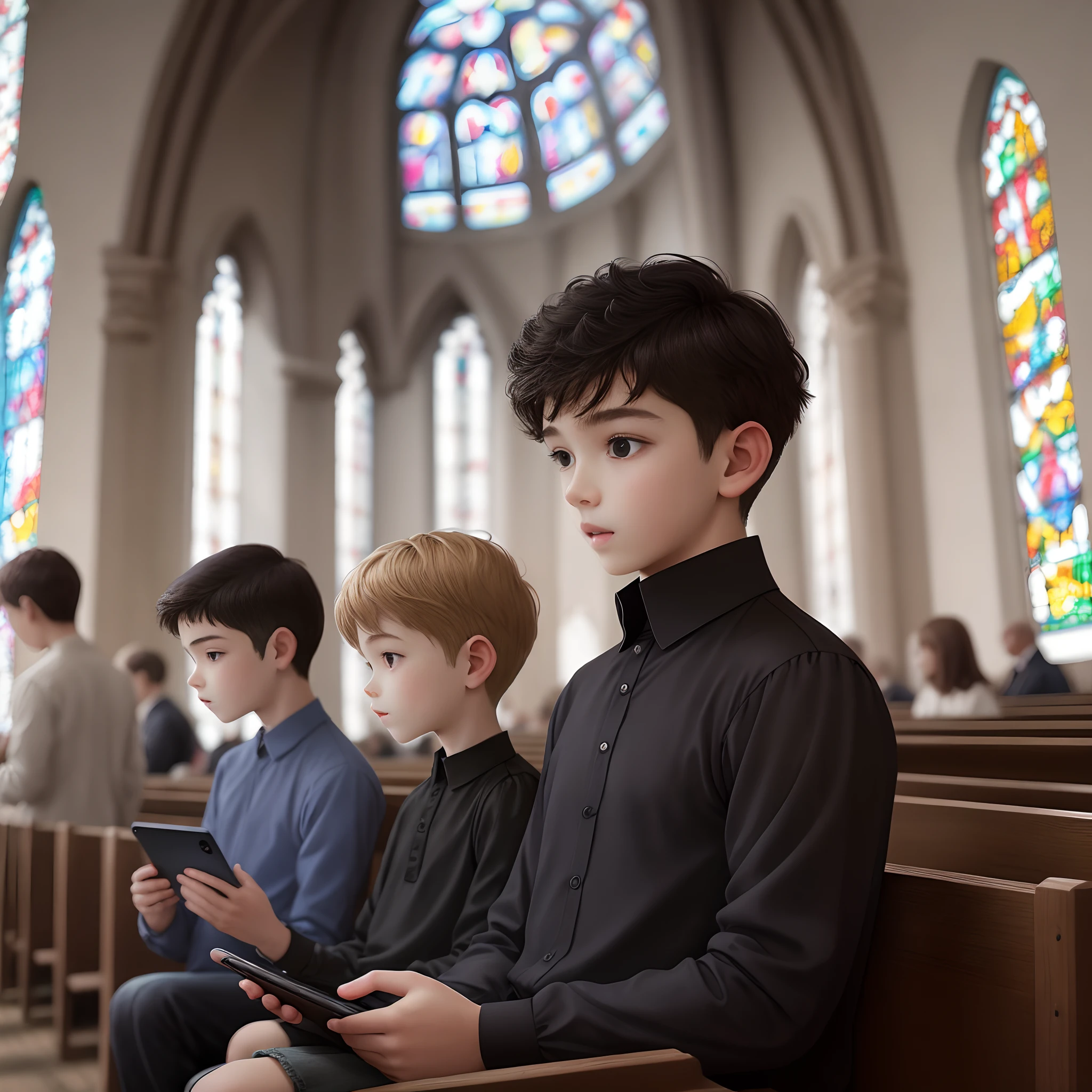 Boy in black blouse with cell phone in hand in church and with Jesus behind