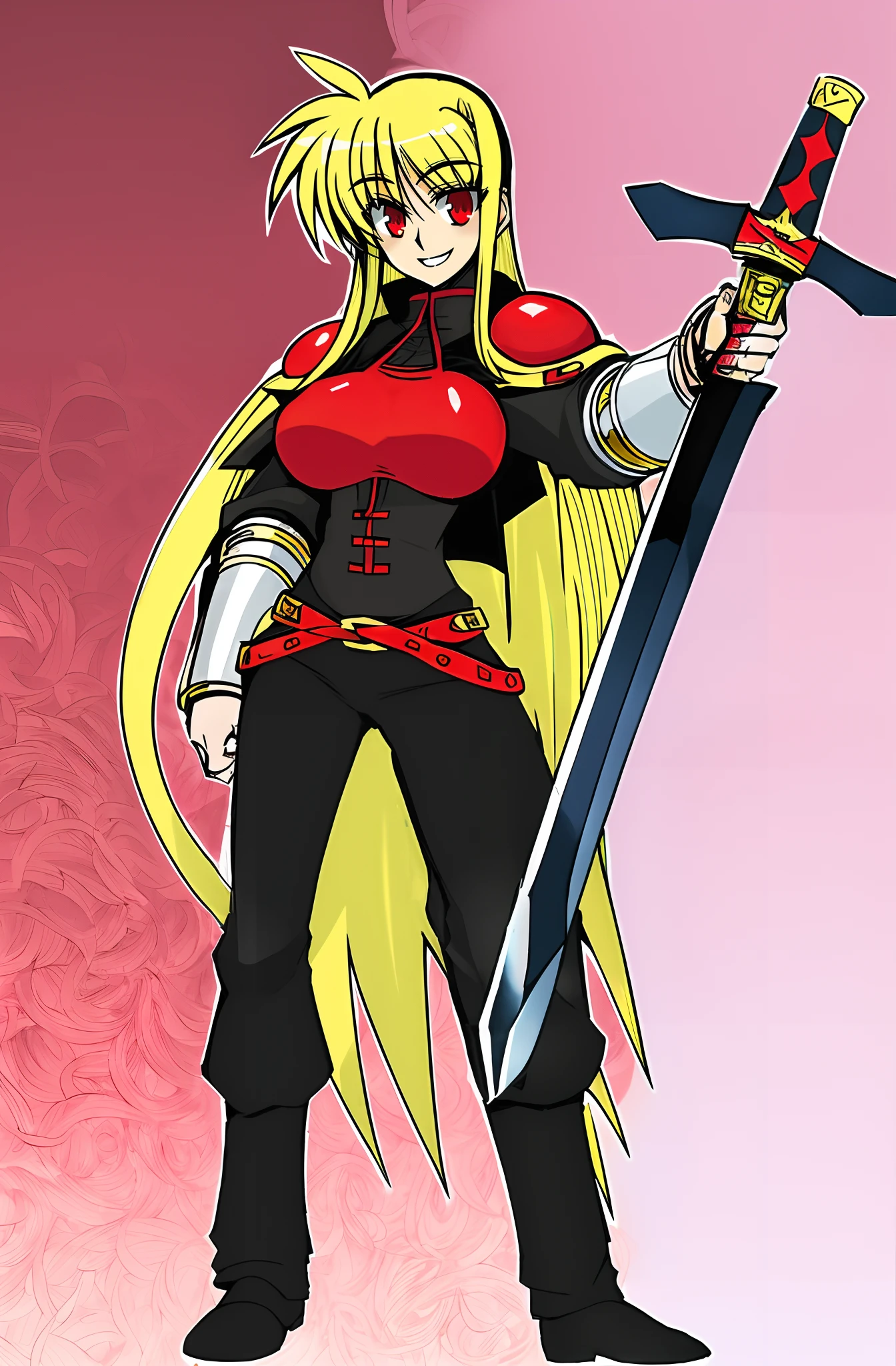 fate testarossa,magic blade, mahou shoujo lyrical nanoha, full body, large breasts, medieval, blonde hair, red eyes black clothes, warrior, pants, medieval clothing, medieval fantasy, holding up blade,