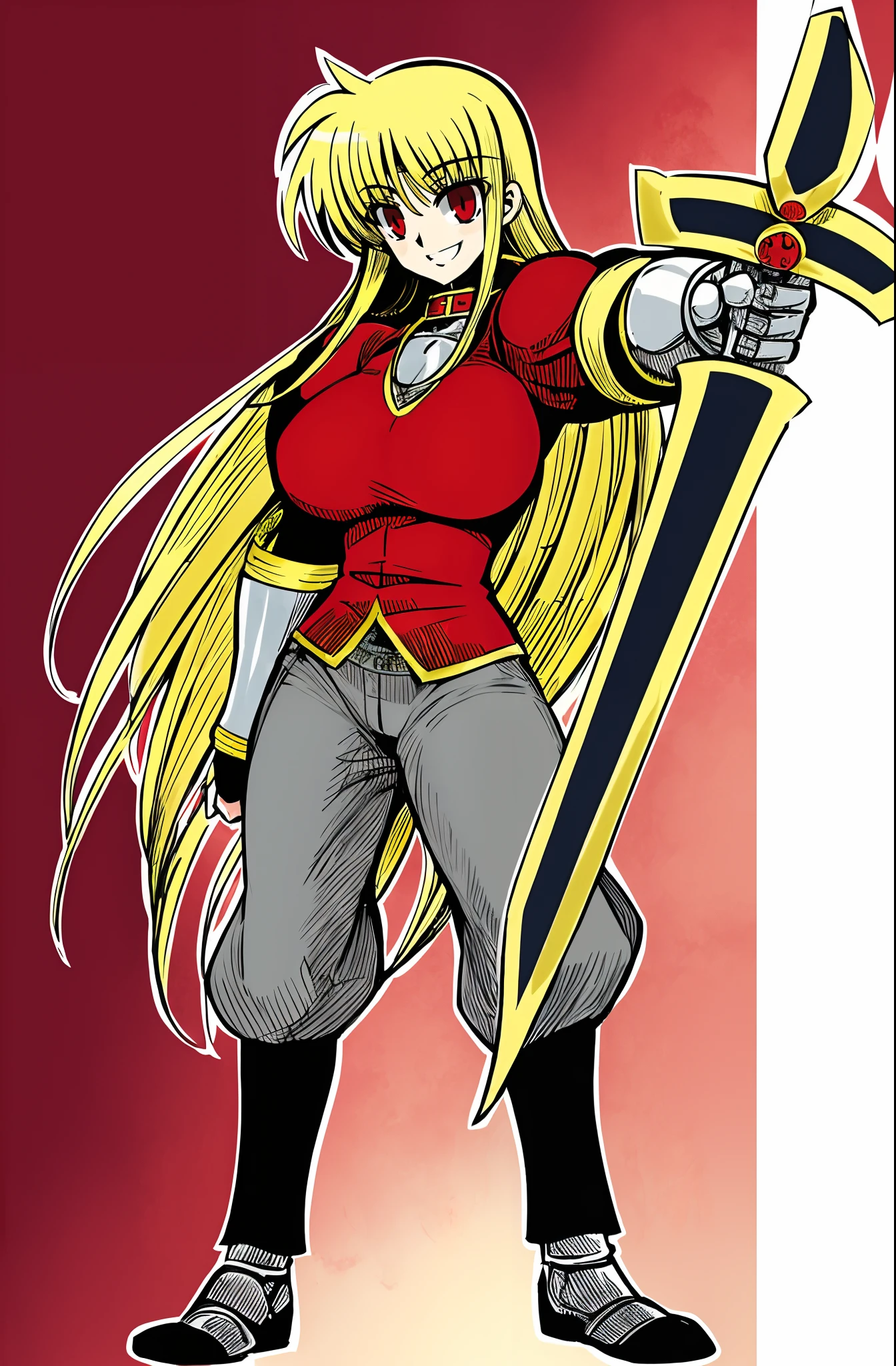 fate testarossa,magic blade, mahou shoujo lyrical nanoha, full body, large breasts, medieval, blonde hair, red eyes black clothes, warrior, pants, medieval clothing, medieval fantasy, holding up blade,smile