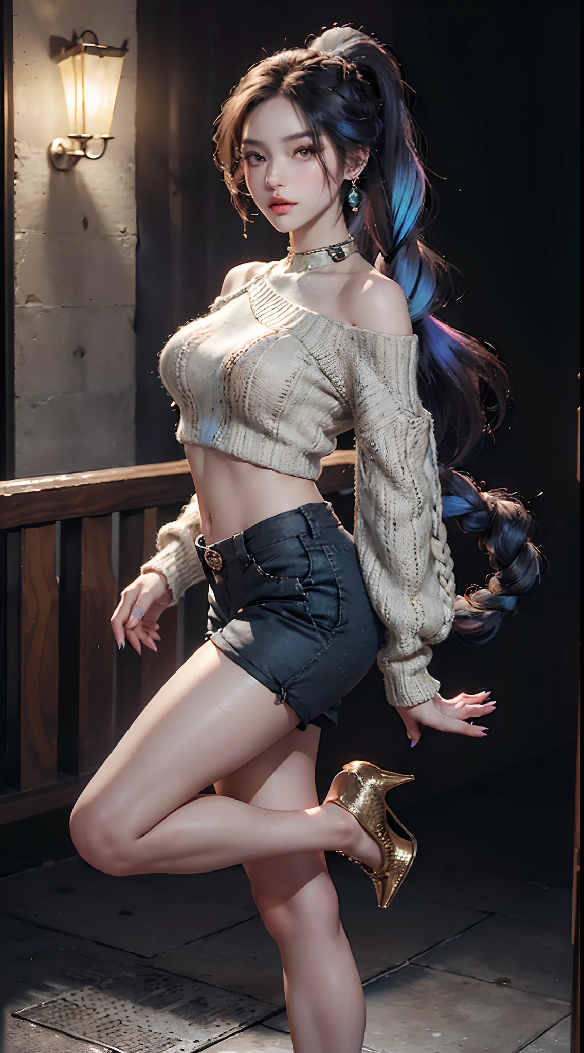 (wearing Random ombre drop shoulder crop sweater, ultra short pants, bared legs, Stiletto heel studded pumps,:1.3), (Long Braided Ponytail hair:1.3), Extremely cute human eighteen girl, bare legs, very beautiful and feminine, short, petite, beautiful breast, small, busty buttocks, large bust, large breast, bare legs, bare legs, cleavage display, flat belly display, detailed eyes, detailed nose, super detailed on face, partial accessory with earring on the ear, very stylish, award-winning product design, tights, bare legs, Shiny breast top opens at the cleavage and abdomen, stylish, glowing trims, atmospheric perspective, 8k, super detail, Accurate, best quality,