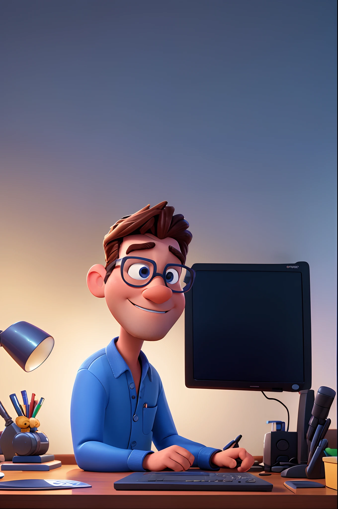 Cartoon of a man working with a computer in his hand, 3D Animation Movie Poster, Poster de filme animado, pixar 3 d animation style, pixar renderman rendering, maia 8 mil, animated film, Disney Pixar Estilo 3D, Disney Pixar Animation Poster