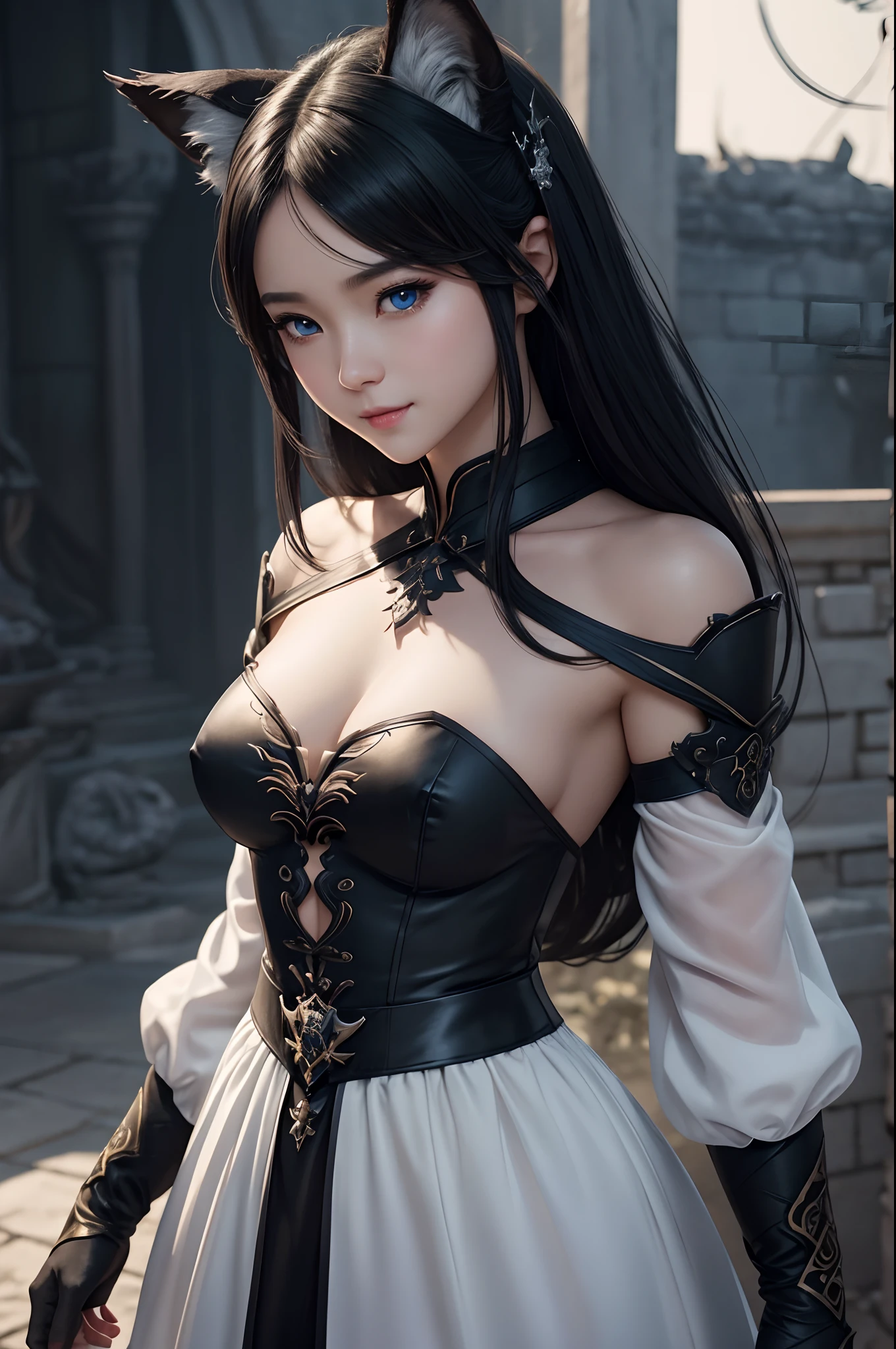 8K,Close-up of a woman in a white and black dress with very small breasts、Dark hair、Werewolf with small breasts of a little girl,Super beauty,(Lifelike)Blue eyes,,assassin,Chengwei Pan on Artstation、 Yang J 作、 Intricate fantasy art、Stunning character art、 Fanart Meilleure ArtStation、 Magnificent and elaborate character art、 Maid costume、Highly detailed artgerm、 Detailed Digital Animation Art、 ArtGerm on ArtStation Pixiv、 Girl in armor、dynamic ungle、超A high resolution、a smile、real looking skin、魅惑的、A sexy、active、Wolf ears,Little girl's small breasts,