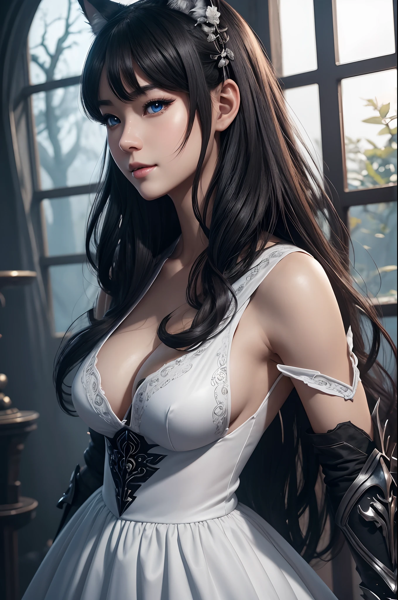 8K,Close-up of a woman in a white and black dress with very small breasts、Dark hair、Werewolf with small breasts of a  girl,Super beauty,(Lifelike)Blue eyes,,assassin,Chengwei Pan on Artstation、 Yang J 作、 Intricate fantasy art、Stunning character art、 Fanart Meilleure ArtStation、 Magnificent and elaborate character art、 Maid costume、Highly detailed artgerm、 Detailed Digital Animation Art、 ArtGerm on ArtStation Pixiv、 Girl in armor、dynamic ungle、超A high resolution、a smile、real looking skin、魅惑的、A sexy、active、Wolf ears,Littles small breasts,