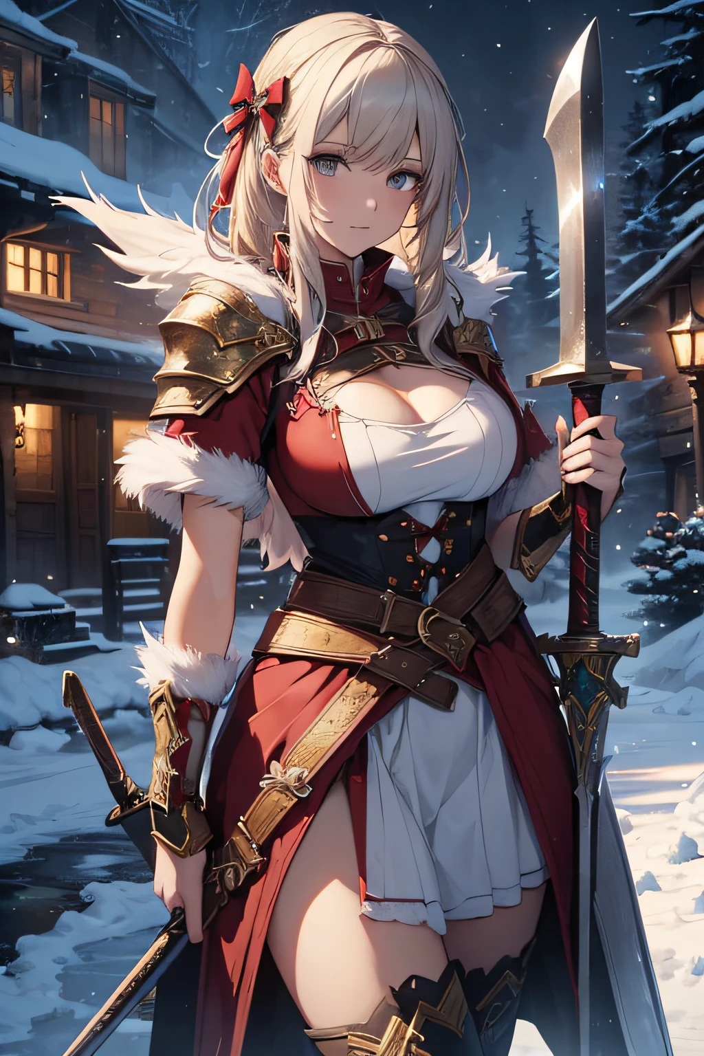 (best quality,HD,highres:1.2),detailed woman in Christmas costume,carrying a large axe on her back,wielding a massive sword,mmorpg style,fantasy,ultra-detailed weapons