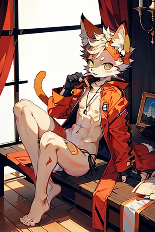 (masterpiece),(best quality),cat boy,male,shota,orange fur,bending the body,sitting,nervous:1.2,shy:1.2,kemoshota,by nekowuwu,by ffjjfjci,swimsuit:1.2,white panties,chest:1.2,breast,tongue out:1.2,upper naked:1.2,legs,full body,naked,without clothes