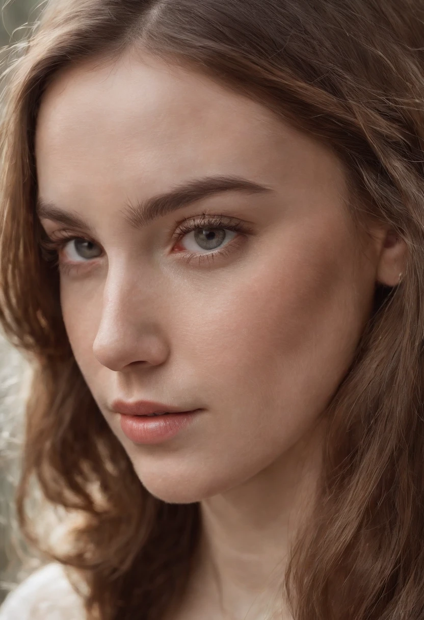 Create a deeply realistic half-face portrait of a woman, embracing imperfections in her skin and hair. Zoom in to showcase intricate details like visible pores, subtle blemishes, and scattered freckles. Capture the complexity of her eyes with well-defined irises, conveying depth and emotion. Depict a natural, imperfect texture in her hair, emphasizing flyaways and individual strands. Pay careful attention to the interplay of light and shadow, adding a three-dimensional quality to the portrait. This half-face composition should evoke a sense of genuine beauty in imperfection, striking a balance between realism and artistry.