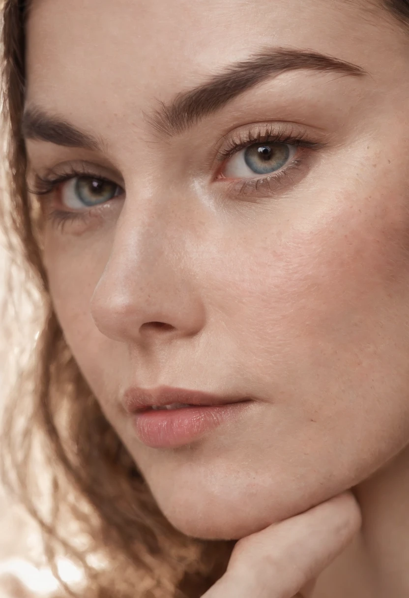Create a deeply realistic half-face portrait of a woman, embracing imperfections in her skin and hair. Zoom in to showcase intricate details like visible pores, subtle blemishes, and scattered freckles. Capture the complexity of her eyes with well-defined irises, conveying depth and emotion. Depict a natural, imperfect texture in her hair, emphasizing flyaways and individual strands. Pay careful attention to the interplay of light and shadow, adding a three-dimensional quality to the portrait. This half-face composition should evoke a sense of genuine beauty in imperfection, striking a balance between realism and artistry.
