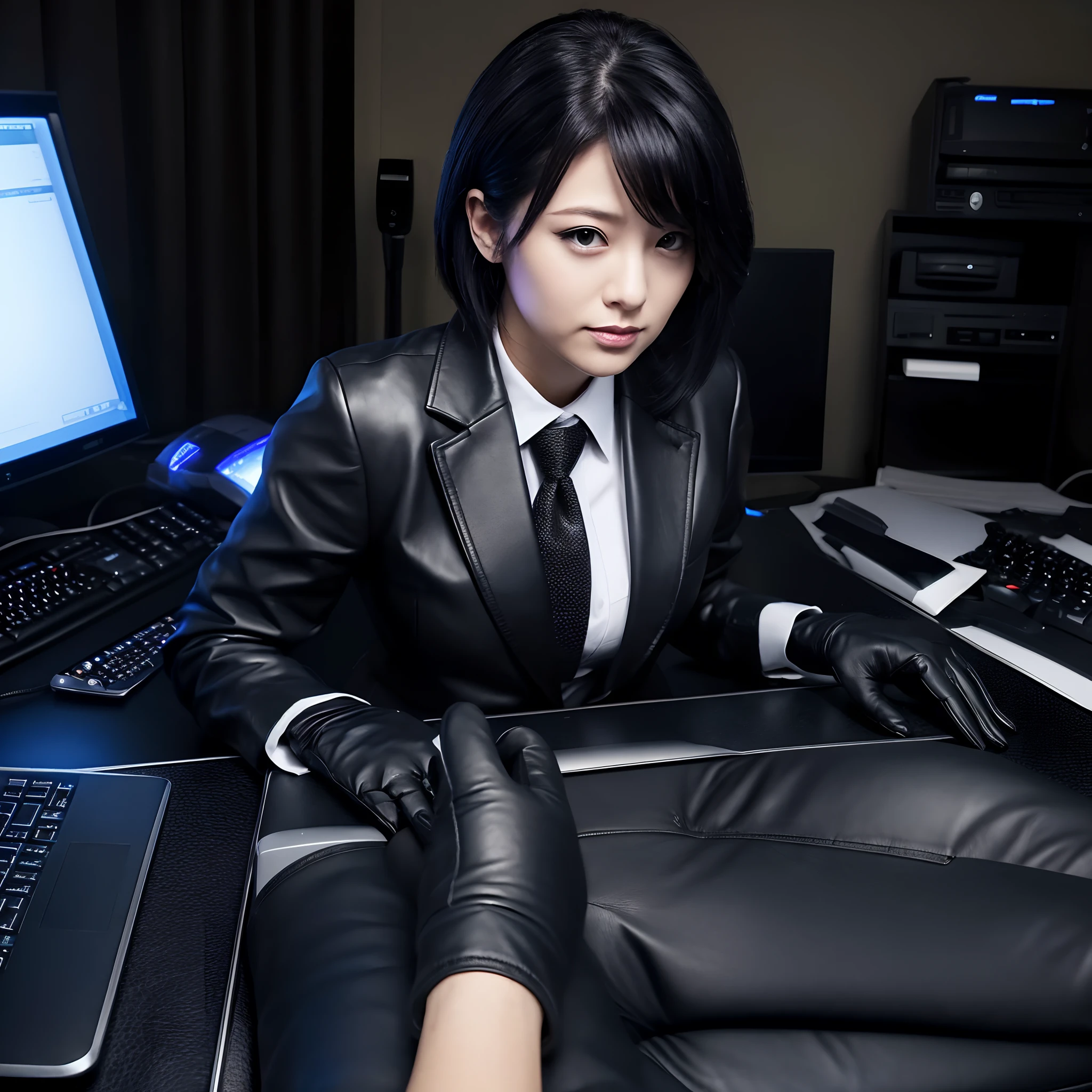 Wearing black leather gloves on both hands, Upper body, Black business suit, Facing the desk in my room with a computer in the dark, Tapping the keys on the computer keyboard with the fingertips of black leather gloves while looking at the screen, Black hair was tied back for a long time, Japan Female New Employees (Black leather gloves cover both hands) (The angle is frontal)