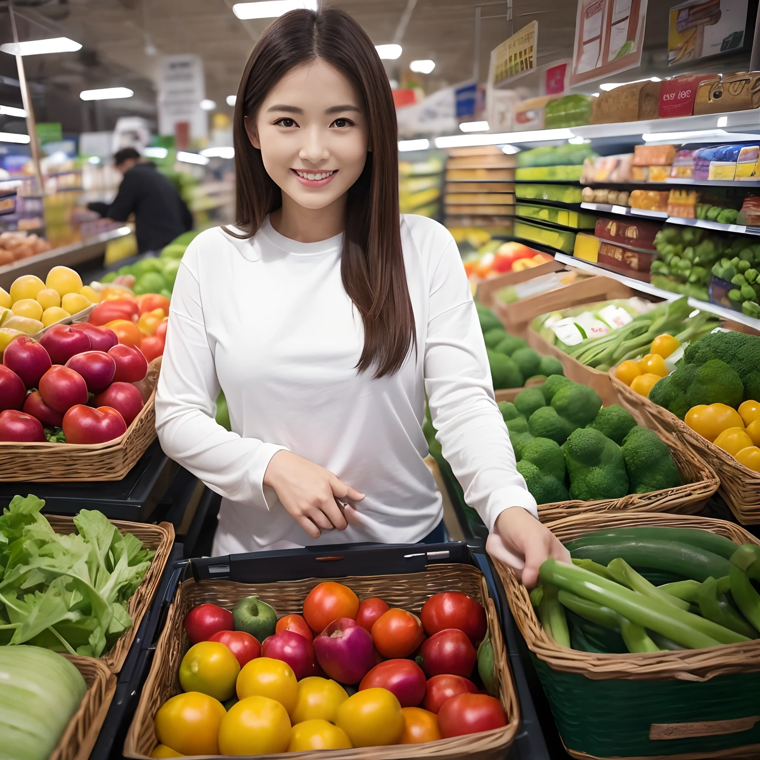 masuter piece, Best Quality, 8K Wallpapers, (Supermarket interior、Stand in front of the shelf),((1Beautifulwoman)),Tight long sleeve t-shirt、Tight pants、Vegetables are lined up on the shelves、Vegetable shelves、Realistic vegetables、Pick up one vegetable、Perfect camera-looking smile、Long、straight haired