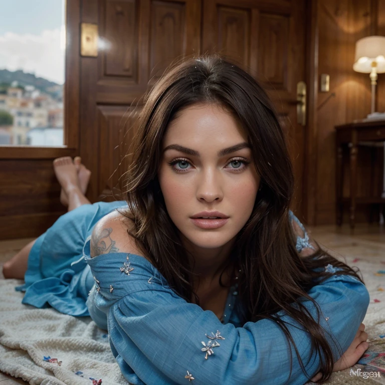 (Masterpiece), (Best quality), (Ultra detailded),(disheveled hair),(illustration), (1fille), (fashionable clothes), debout, Fashion model, Regarder le spectateur, (interview), (Fond de ski de montagne),beautiful detailed  eyes, beautiful delicate face, flottant,(high saturation),(colorful splashes),colorful bubble,(brillant), Focus sur le visage,  Queue, cheveux bleu clair, frange, bague de cheveux, fleurs flottantes, poils flottants, (brillant), best lighting, meilleure ombre, Megan Fox, tatouages, Evening wear, robe longue, robe de gala, tapis rouge, Cannes, Summer Evening, la grande classe