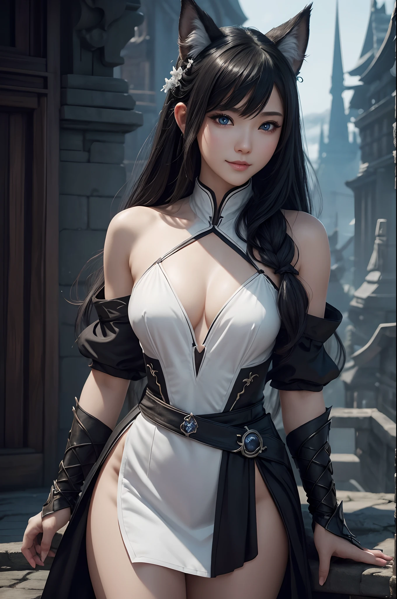 8K,Close-up of a woman in a white and black dress with very small breasts、Dark hair、Werewolf with small breasts of a ***********,Super beauty,(Lifelike)Blue eyes,,assassin,Chengwei Pan on Artstation、 Yang J 作、 Intricate fantasy art、Stunning character art、 Fanart Meilleure ArtStation、 Magnificent and elaborate character art、 Maid costume、Highly detailed artgerm、 Detailed Digital Animation Art、 ArtGerm on ArtStation Pixiv、 Girl in armor、dynamic ungle、超A high resolution、a smile、real looking skin、魅惑的、A sexy、active、Wolf ears,***********'s small breasts,