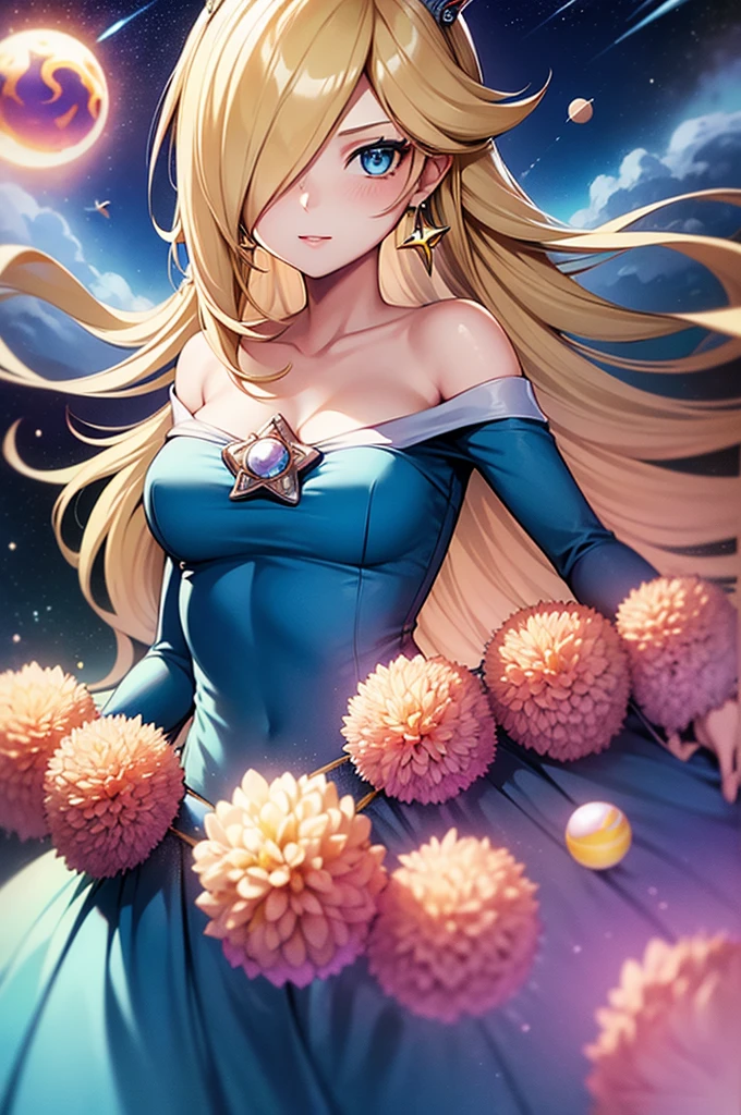 masterpiece, best quality, rosalina, 1girl, solo, blue dress, crown, blonde hair, stunning blue eyes, light freckles, perfect face, floating in space, starry sky, nebulas, shooting stars, planets, slight smile, blush, Lovecraftian atmosphere