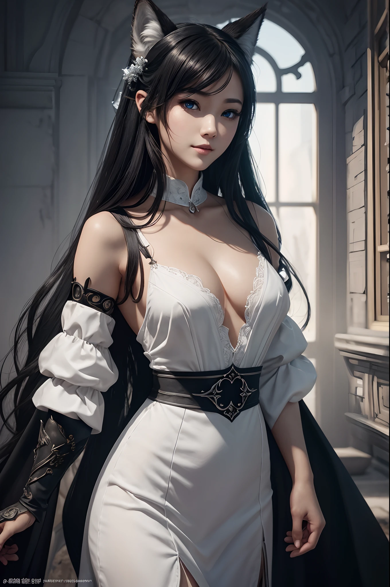 8K,Close-up of a woman in a white and black dress with very small breasts、Dark hair、Werewolf with small breasts of a  girl,Super beauty,(Lifelike)Blue eyes,,assassin,Chengwei Pan on Artstation、 Yang J 作、 Intricate fantasy art、Stunning character art、 Fanart Meilleure ArtStation、 Magnificent and elaborate character art、 Maid costume、Highly detailed artgerm、 Detailed Digital Animation Art、 ArtGerm on ArtStation Pixiv、 Girl in armor、dynamic ungle、超A high resolution、a smile、real looking skin、魅惑的、A sexy、active、Wolf ears,Littles small breasts,