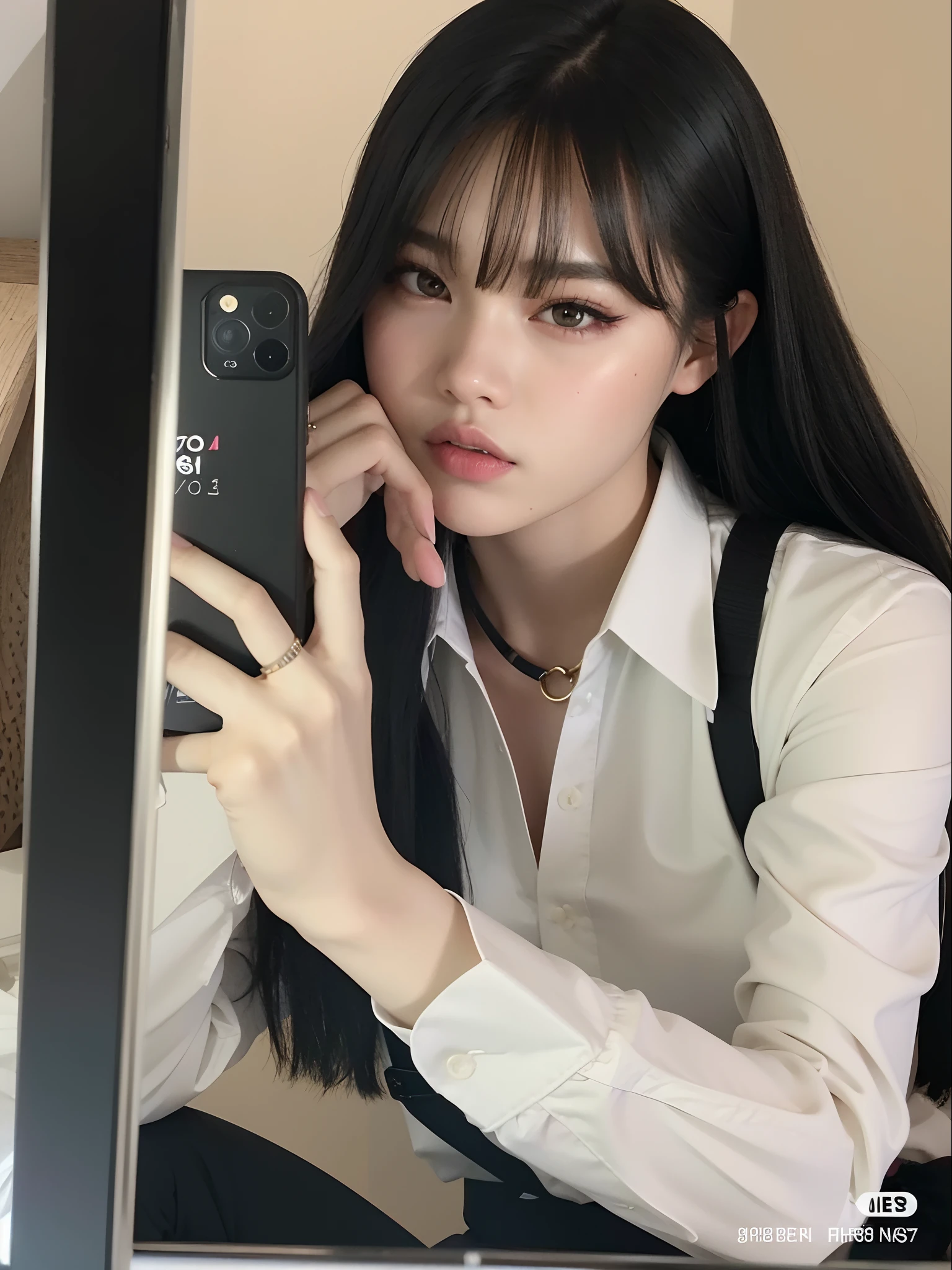 Araffe mulher com cabelo preto longo tirando uma selfie em um espelho, Ulzzang, Ela tem cabelo preto com franja, Retrato de Jossi de Blackpink, Portrait of female Korean idol, cruel korean goth girl, Fotografia selfie 8k, 🤤 retrato da , cabelo comprido com franja completa, Lalisa Manoban do Blackpink, cabelo preto longo com franja