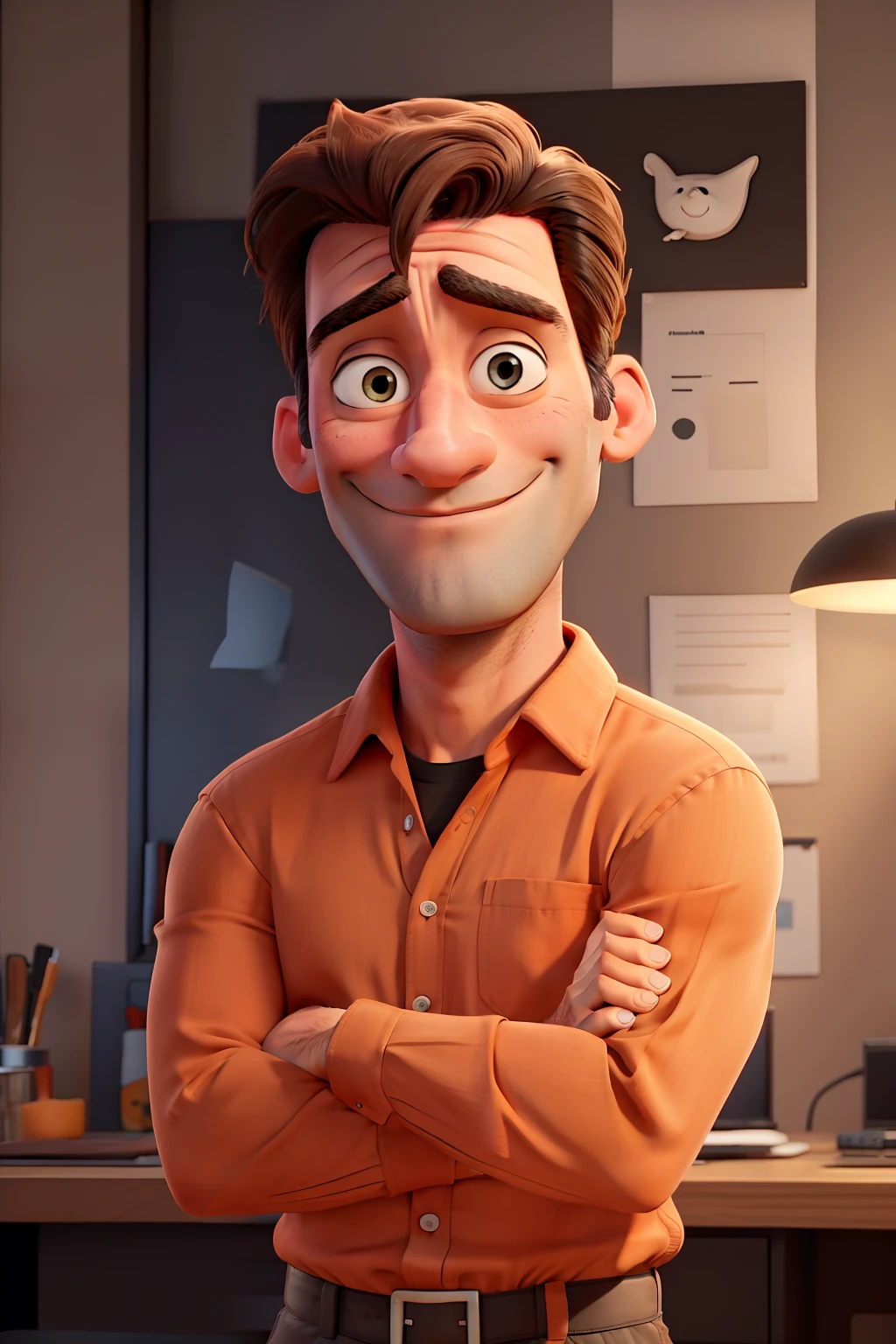 Jon Hamm, Cartoons in orange shirt and black pants, arms crossed, olhando para frente e sorrindo com os dentes aparecendo;