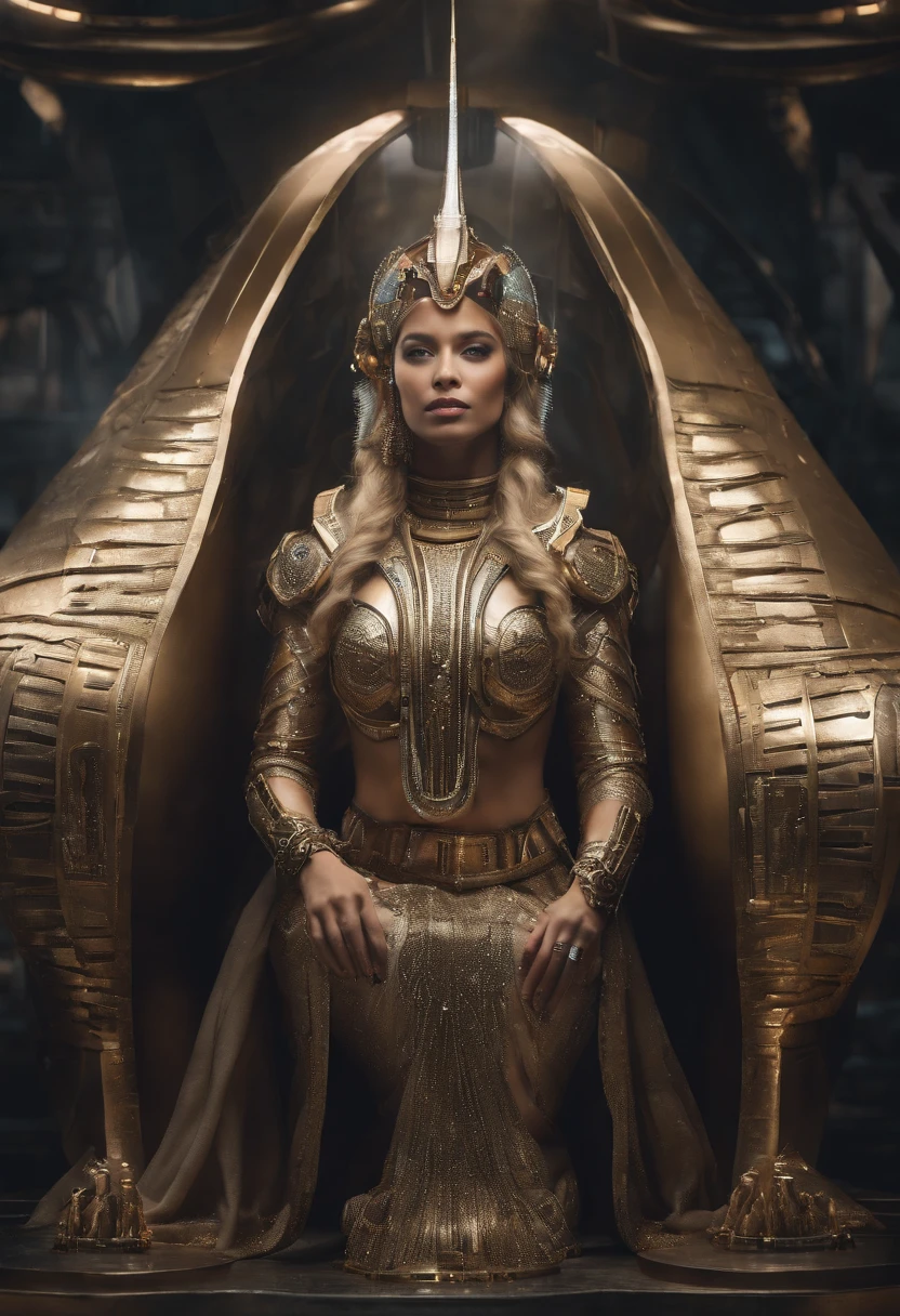 best quality, portrait of a beautiful, curvy woman i futuristic headdress inspired by an ancient egypt king, details, gold, silver, stones, scarab beetle, eyes protected by a transparent visor, transparent limestone, microchips, cabels, electric glow, retro futurism, behind the woman there is a landscape similair to the planet Mars with ancient pyramids but with a futuristic touch, mecha-girl, human machine integration