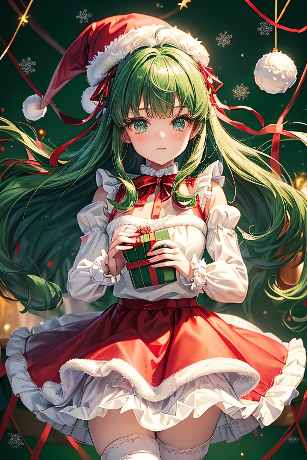((worst quality, low-quality)), (christmas theme:1.3), a closeup, facefocus, girl with, Solo, Beautiful clear eyes, (blue eyess, kirakira), Spoken Heart, (Gothic ta, Cute, Classic fashion:1.2), (Santa hat on the head:1.4), (White Long Sleeve Ball Gown:1.4), (puff sleeves:1.3), ((Christmas Wind, Multi-layer skirt) with frills:1.4), (String to West Cincher:1.2), ((Red and Green Ribbon, frilld):1.3), (Above the knee socks with red and green argyle pattern:1.3), (Loafers with ribbon:1.2), ((Castles), Theme park background decorated for Christmas)), masutepiece,Best Quality,ultra-detailliert, masterpiece,