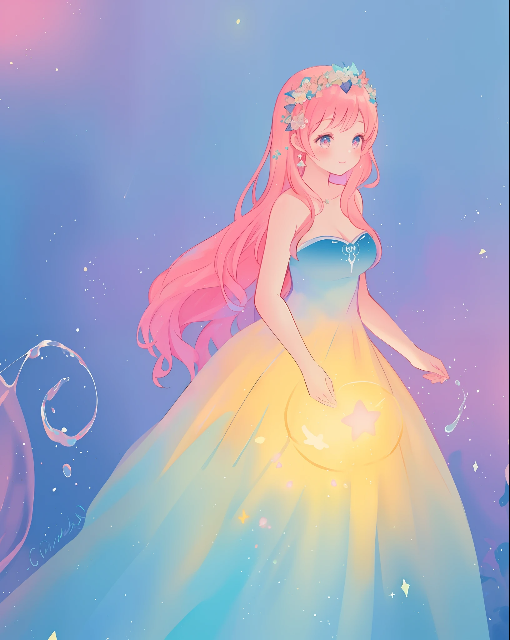 beautiful girl in sparkling gradient ballgown, long wavy peach pink hair, vibrant pastel colors, (colorful), colorful watercolor background, ethereal, magical lights, sparkling liquid light, inspired by Glen Keane, inspired by Lois van Baarle, disney art style, by Lois van Baarle, glowing aura around her, by Glen Keane, jen bartel, glowing lights! digital painting, flowing glowing hair, glowing flowing hair, beautiful digital illustration, fantasia background, whimsical, magical, fantasy, beautiful face, ((masterpiece, best quality)), intricate details, highly detailed, sharp focus, 8k resolution, sparkling detailed eyes, liquid watercolor