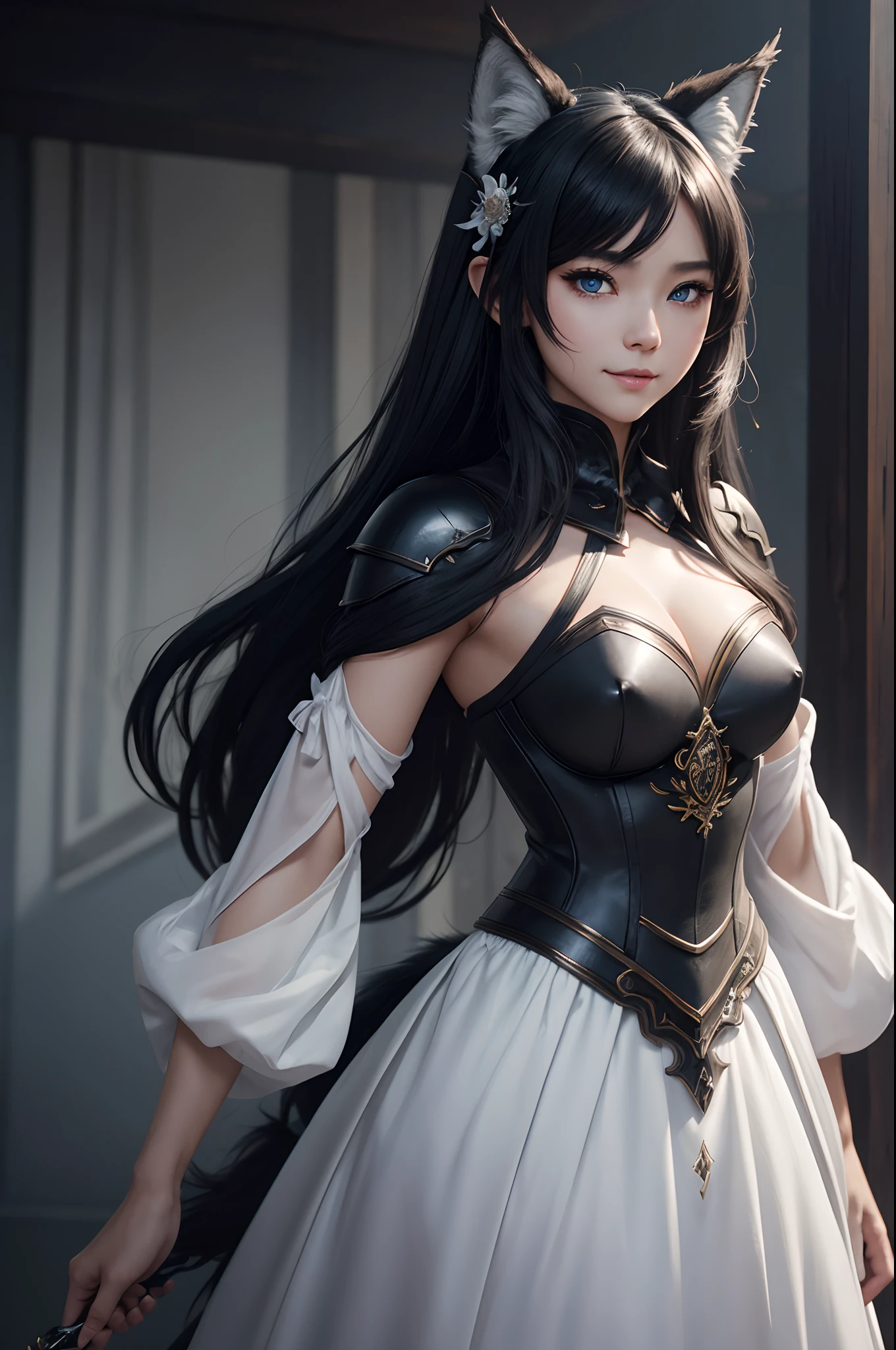 8K,Close-up of a woman in a white and black dress with very small breasts、Dark hair、Werewolf with small breasts of a little girl,Super beauty,(Lifelike)Blue eyes,,assassin,Chengwei Pan on Artstation、 Yang J 作、 Intricate fantasy art、Stunning character art、 Fanart Meilleure ArtStation、 Magnificent and elaborate character art、 Maid costume、Highly detailed artgerm、 Detailed Digital Animation Art、 ArtGerm on ArtStation Pixiv、 Girl in armor、dynamic ungle、超A high resolution、a smile、real looking skin、魅惑的、A sexy、active、Wolf ears,Little girl's small breasts,