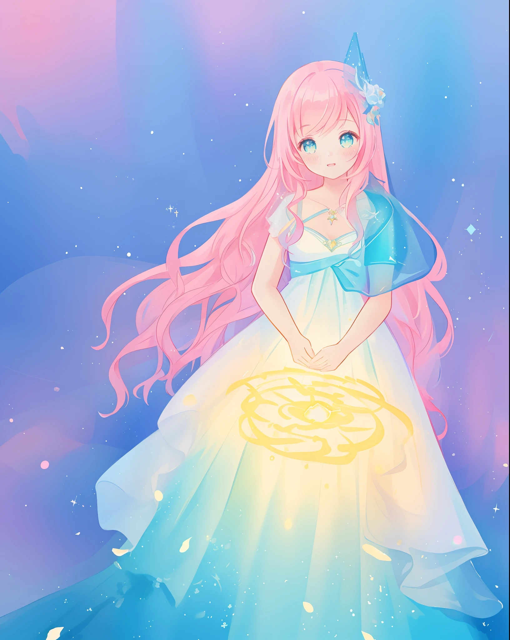 beautiful girl in sparkling gradient ballgown, long wavy peach pink hair, vibrant pastel colors, (colorful), colorful watercolor background, ethereal, magical lights, sparkling liquid light, inspired by Glen Keane, inspired by Lois van Baarle, disney art style, by Lois van Baarle, glowing aura around her, by Glen Keane, jen bartel, glowing lights! digital painting, flowing glowing hair, glowing flowing hair, beautiful digital illustration, fantasia background, whimsical, magical, fantasy, beautiful face, ((masterpiece, best quality)), intricate details, highly detailed, sharp focus, 8k resolution, sparkling detailed eyes, liquid watercolor