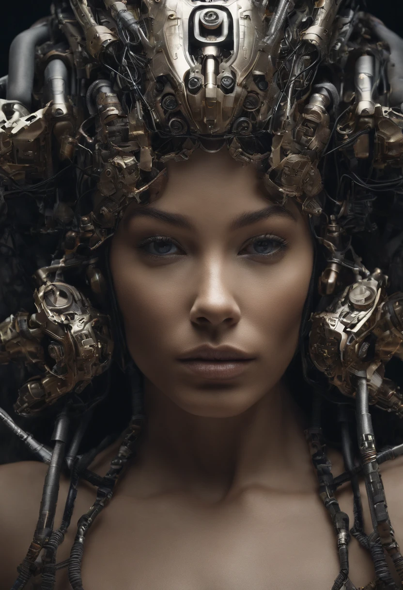 Create an intricately detailed half-face portrait of a woman with a cyborg transformation, blending human features with cybernetic elements. On one side, showcase her natural beauty with visible pores, freckles, and imperfections. On the other, seamlessly integrate cyber enhancements like metallic skin, LED-lit circuitry, and synthetic textures.
Zoom in to capture the complexity of her eyes, merging organic warmth with the cold precision of cybernetics. Emphasize the integration points where human skin transitions to cyber enhancements, adding subtle reflections to create a cohesive and realistic fusion.
Incorporate cybernetic elements into her hair, introducing strands with a synthetic sheen or nanobot-like patterns. Ensure that the imperfections in her natural features contrast dynamically with the sleek, futuristic enhancements. Use dynamic lighting to highlight the cybernetic side, creating a visually striking interplay between human vulnerability and technological strength.
This detailed half-face composition aims to evoke a seamless blend of humanity and technology, exploring the beauty of contrast in a cyborg transformation.