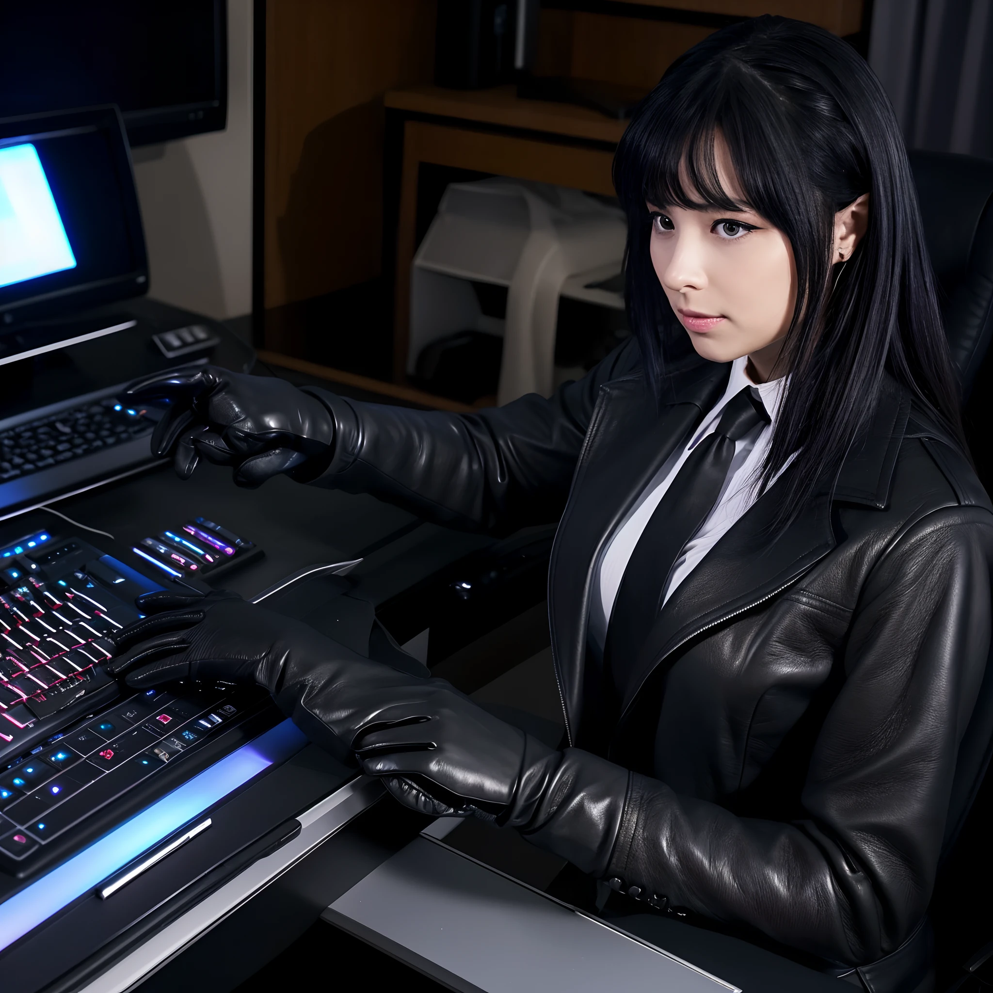Wearing black leather gloves on both hands, Upper body, Black business suit, Facing the desk in my room with a computer in the dark, Tapping the keys on the computer keyboard with the fingertips of black leather gloves while looking at the screen, Black hair was tied back for a long time, Japan Female New Employees (Black leather gloves cover both hands) (The angle is frontal)