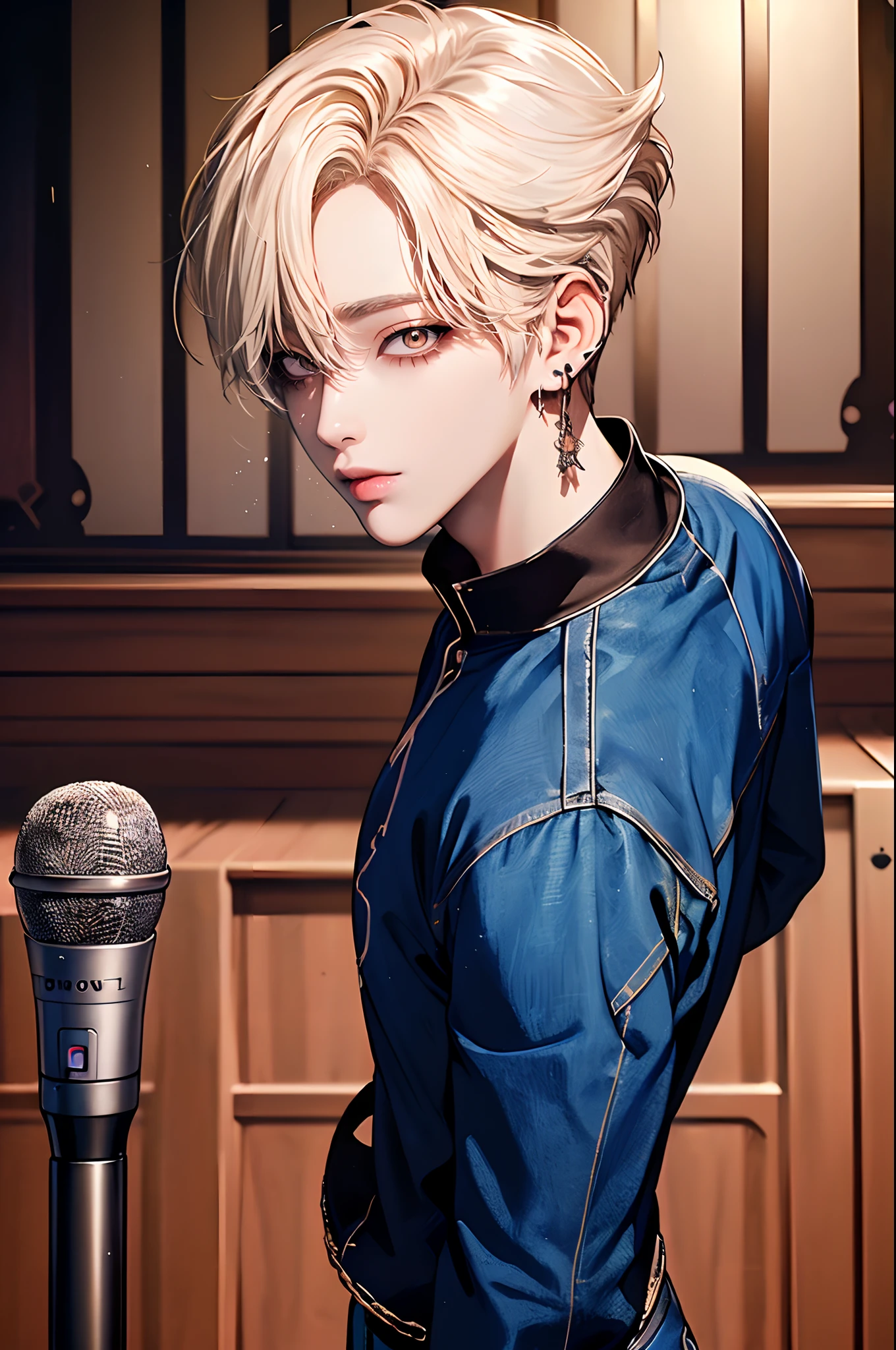 ((4K works))、masterpiece、(top-quality)、((high-level image quality))、((One Manly Boy))、Slim body、((Attractive and sexy jeans fashion))、((Men's Fashion))、(Detailed beautiful eyes)、In a soundproof room、Record a song、Face similar to Chaewon in Ruseraphim、((short hair above the ears))、((Smaller face))、((Neutral face))、((White hair))、((Brown eyes))、((Korean boy))、((18year old))、((Handsome man))、((sings))、((Korean Makeup))、((elongated and sharp eyes))、((Like a celebrity))、Everyday photography、((Shot alone))、((Shot diagonally from the side))、((Upper body photography))、((He stands in front of the microphone stand))