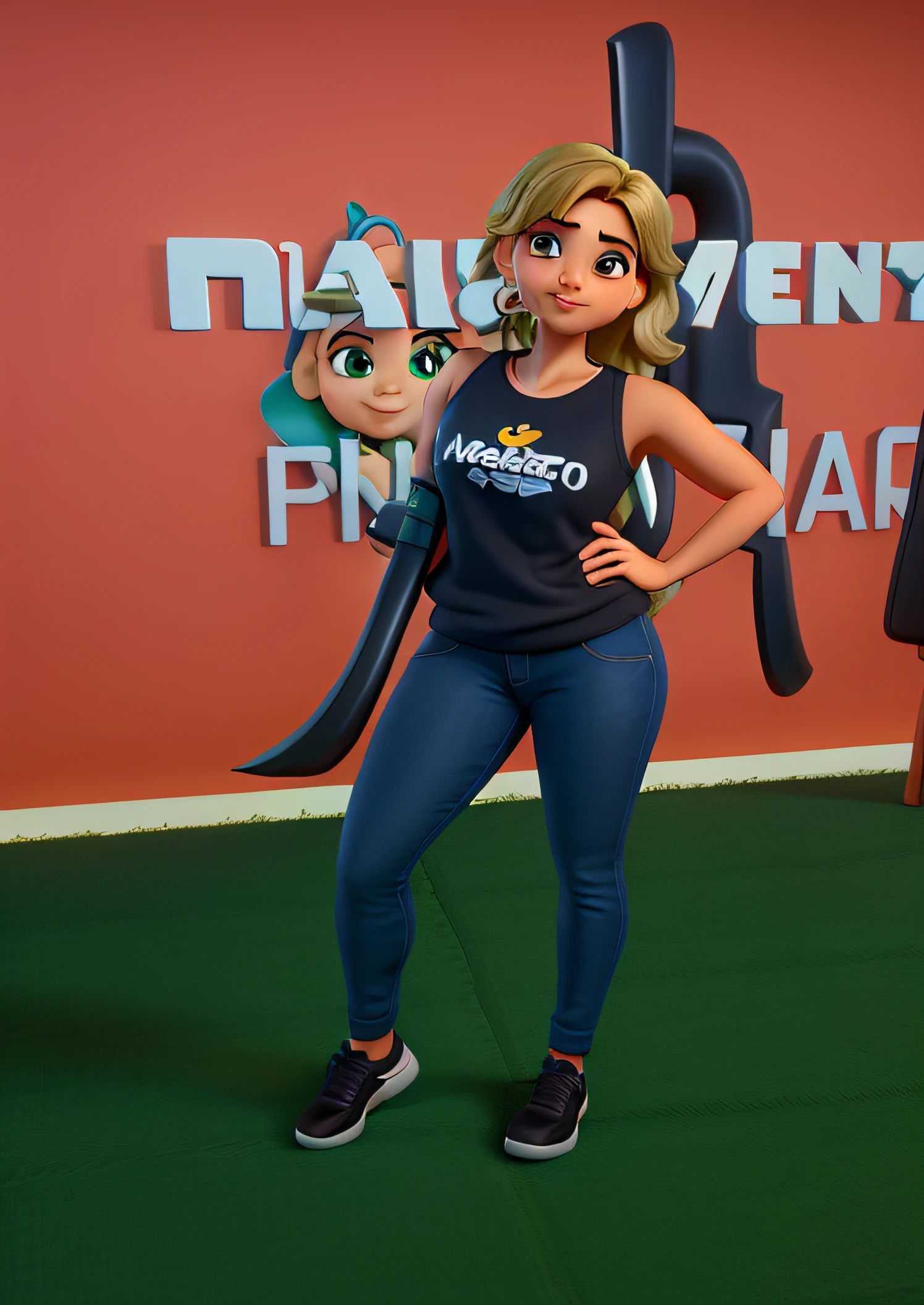 Uma mulher com corpo bonito, cabelo amarelo, sem tatuagem, sem pintas no rosto, peitos naturais na academia no estilo Disney Pixar, alta qualidade, melhor qualidade.