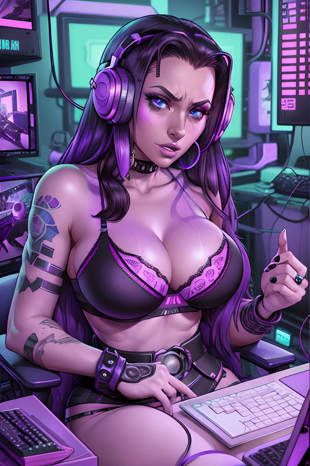 arafed woman in a bra top sitting in front of a computer, twitch streamer, streaming on twitch, twitch streamer / gamer ludwig, cyberpunk angry gorgeous goddess, thicc, violet myers, webcam footage, gamer, inked, twitch tv, shot on webcam, jody highroller, cyberpunk vibes, cyberpunk judy alvarez, twitch emote, angelawhite