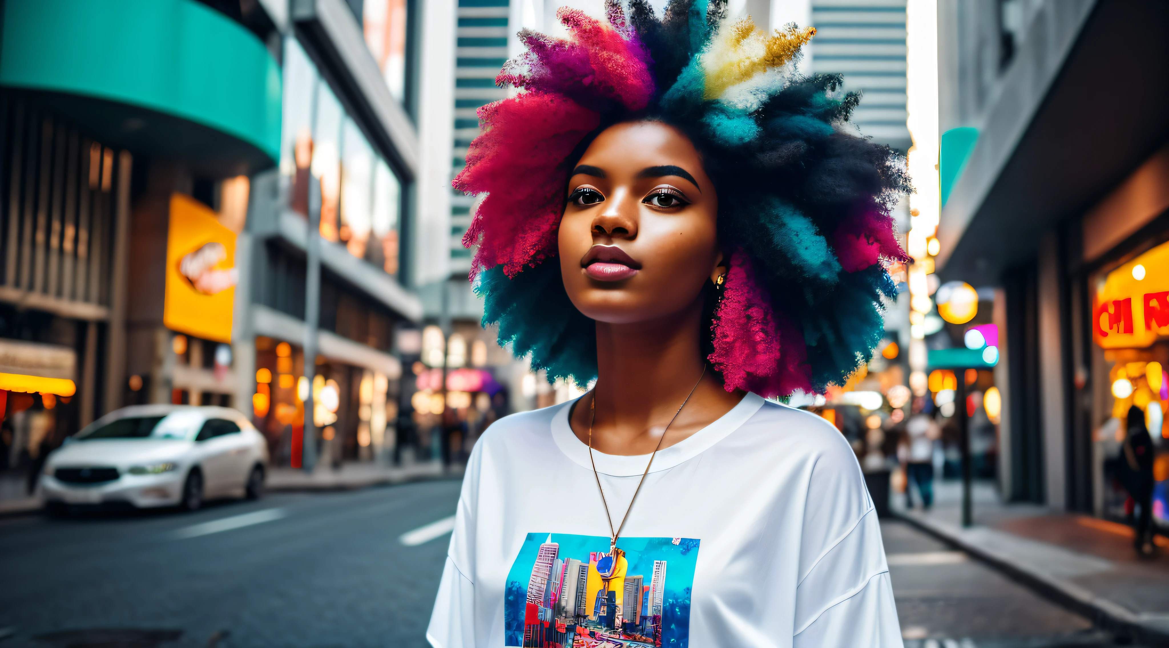 Generate an image of a young Afro-Brazilian girl with vibrant, colored hair. Feature her in a white shirt adorned with abstract prints. Place her in a realistic urban environment with cinematic lighting and pronounced shadows, showcasing the dynamic atmosphere of a bustling city. Incorporate a piercing to add a touch of edginess to her appearance. Ensure the hair colors are vivid and expressive, reflecting a modern and individualistic style. The overall composition should capture the essence of a confident and fashionable young woman navigating the vibrant and diverse streets of a big city