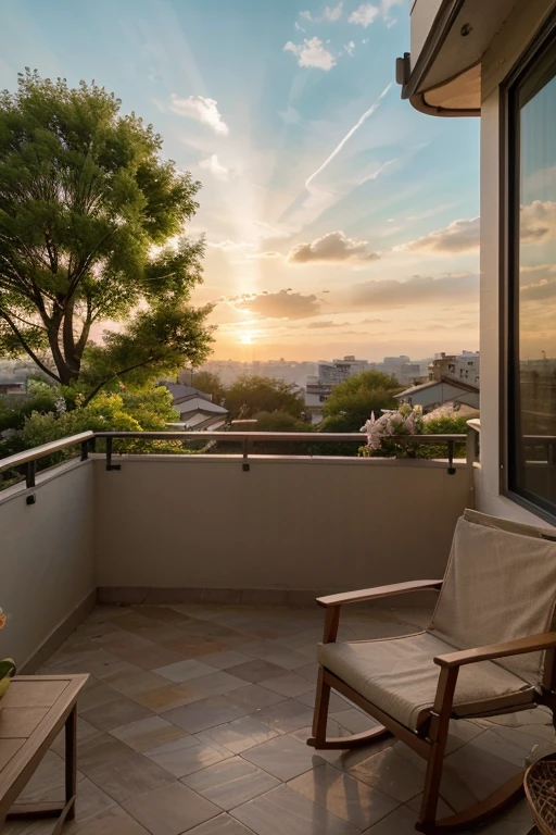 (best quality,4k,8k,highres,masterpiece:1.2),ultra-detailed,(realistic,photorealistic,photo-realistic:1.37),view of a sunrise from a balcony,beautiful soft colors,vibrant sky,hazy atmosphere,serene and calm,peaceful morning,bright orange and pink hues,golden sunlight,gentle breeze,tall buildings in the distance,warm sunlight filtering through the trees,refreshing green plants,visible rays of sunlight,tranquil cityscape,serene rooftop garden,relaxing outdoor furniture,crisp morning air,expansive horizon line,serene water body reflecting the sky,subtle reflections,spacious balcony with a panoramic view,long shadows stretching across the balcony floor,world waking up to a new day,instant sense of tranquility and peace,majestic beauty of nature,intricate architectural details of the balcony,delicate silhouette of the balcony railings,perfectly framed view of the sunrise,gentle sound of birds chirping,evoking a sense of wonder and awe,faint scent of blooming flowers,timeless beauty,tranquil escape from the bustling city,harmonious blend of nature and urban landscape,moment of serenity and contemplation.