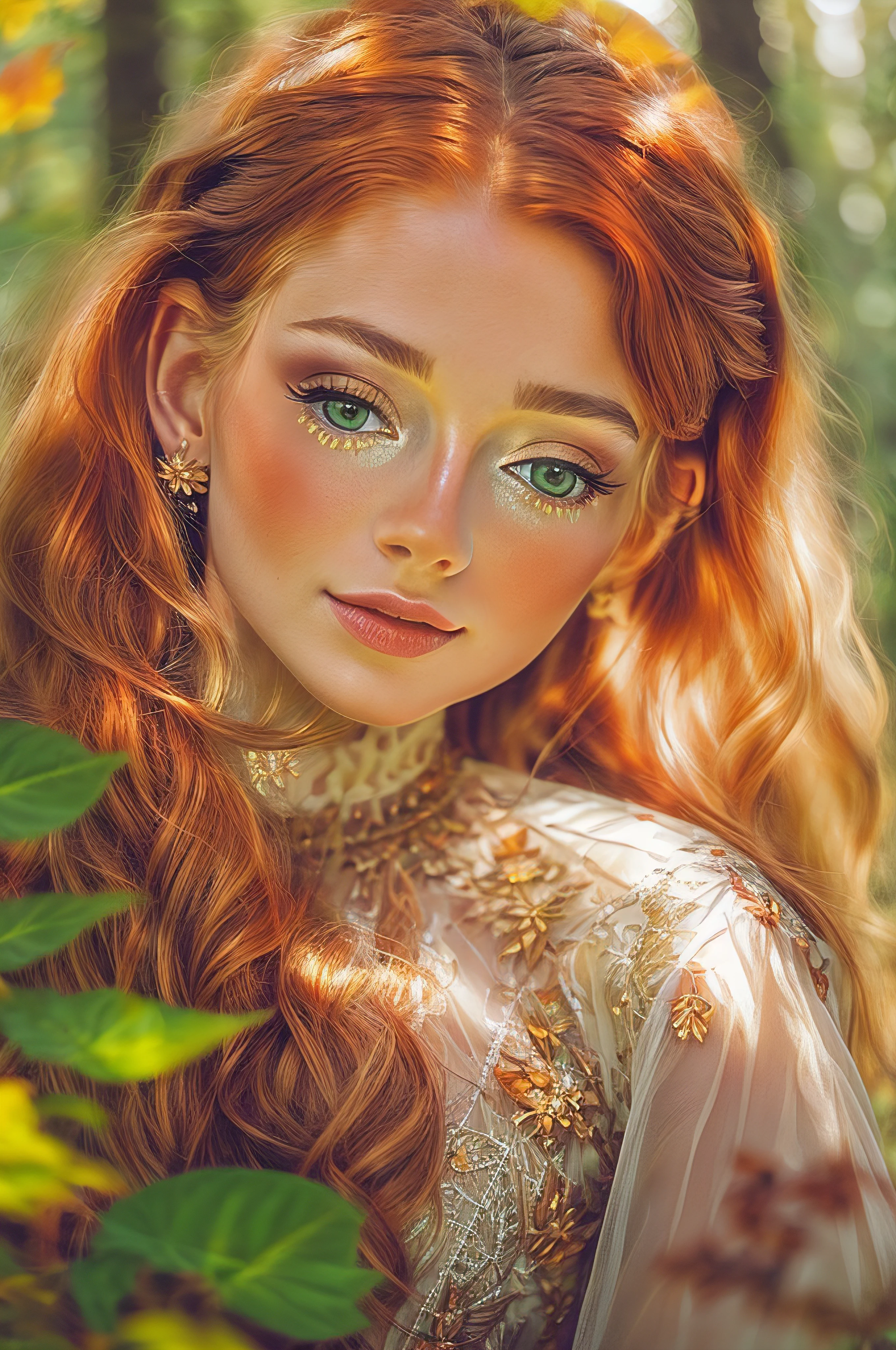 nordic young woman, cute face, seductive, best quality, masterpiece, translucent autumn dress, sunset, detailed textures, long braded hair, sitting outside in a forest, posing, casual pose, leaves-falling, [blush], aesthetic, intricate, caustics, light rays, sunlight, soft lips, glossy lips, highly detailed, (semi-realistic:1.2), red-hair, detailed face (close shot)