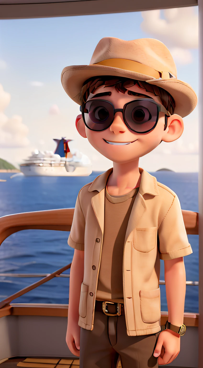 A boy wearing sunglasses with a beige hat on a cruise ship