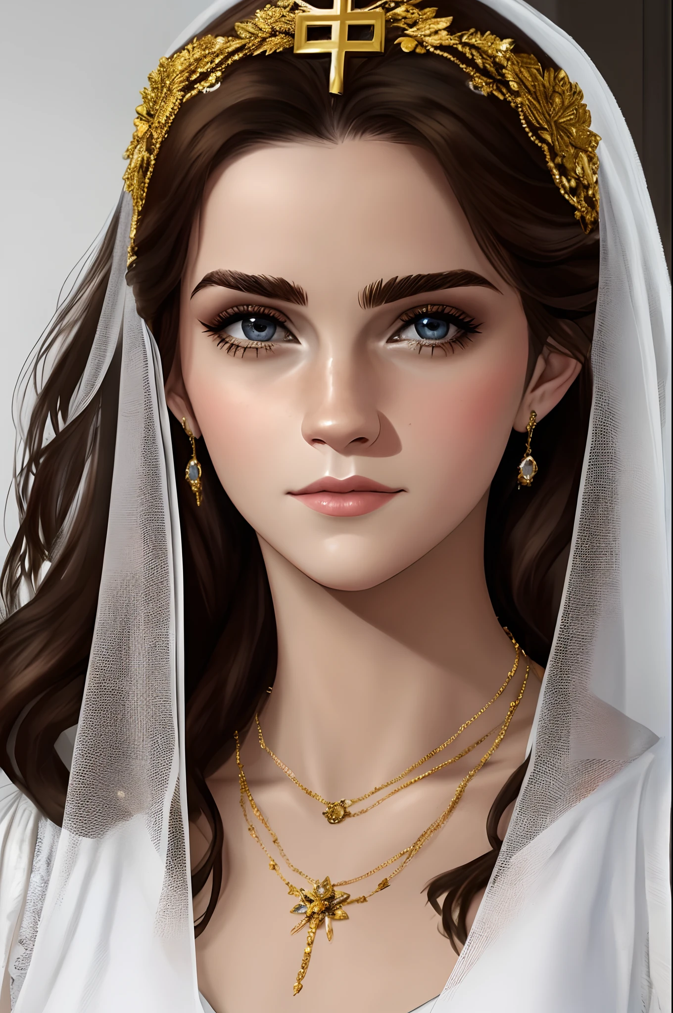 A closeup of a woman wearing a white veil and a gold necklace, majestosa mulher de santo, unreal engine render + uma deusa, Virgem Maria, Karol Bak de Emma Watson Freira, cinematic goddess close shot, Mulher judia bonita, retrato muito bonito, deusa bonita, Um retrato impressionante de uma deusa, donzela bonita, uma mulher bonita no branco, retrato close-up da deusa