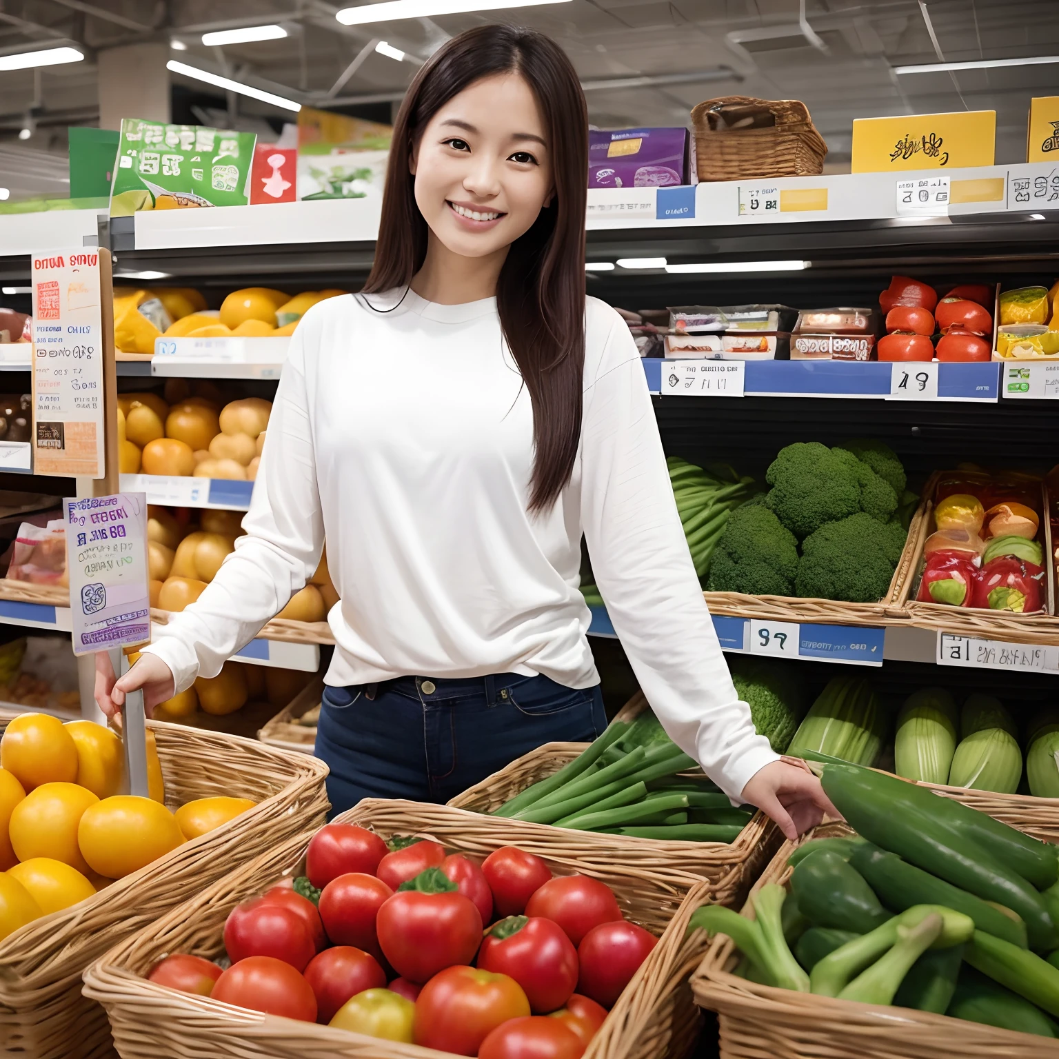 masuter piece, Best Quality, 8K Wallpapers, (Supermarket interior、Stand in front of the shelf),((1Beautifulwoman)),Tight long sleeve t-shirt、Tight pants、Stand in the aisle in front of the shelf、Standing in the aisle between shelves、The shelves are lined with vegetables、Vegetable shelf、Realistic vegetables、Pick up 1 vegetable、Perfect smile like a camera、long、straight haired