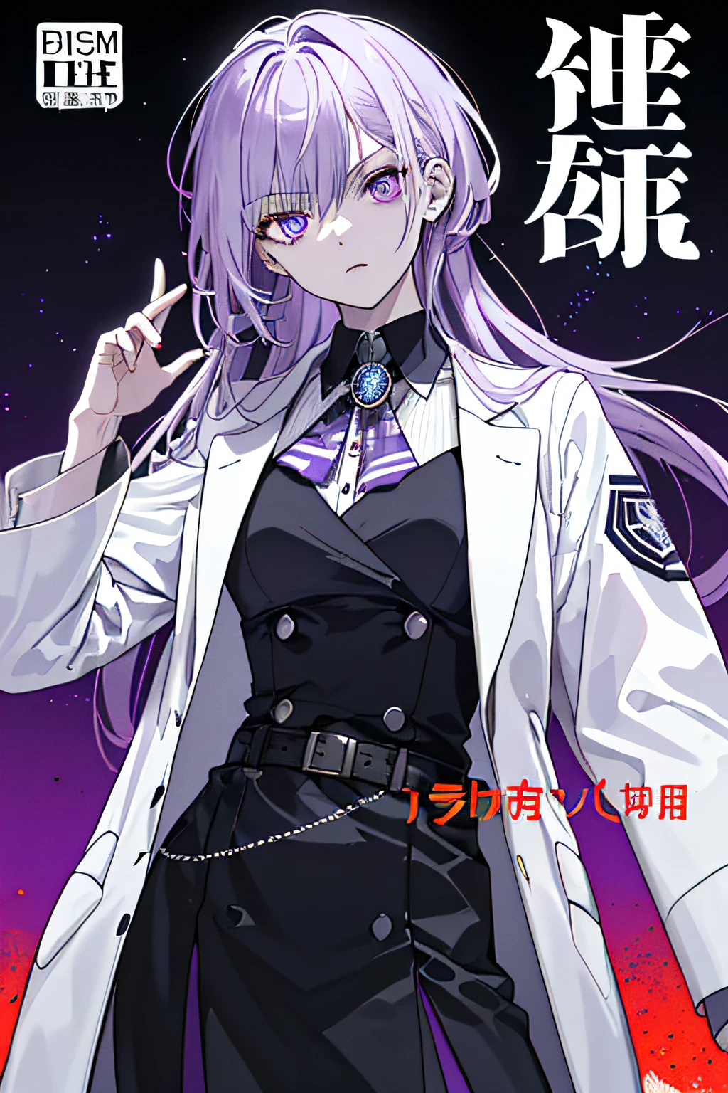 ((((dramatic))), (((gritty))), (((intense))) (Extremely long hair)(Tie)(White lab coat)(Cold maturation)(Emit)(Light purple hair)(Light purple eyes)The movie poster features a young woman as the central character。She stands confidently in the center of the poster,Dress in fashion-forward clothing,with a determined expression on her face。The background is dark and gritty,There is a sense of danger and a strong feeling。The text is bold and eye-catching,With catchy slogans,Adds to the overall drama and excitement。The color palette is dominated by dark colors,Dotted with bright colors,Make the poster dynamic and visually striking,tachi-e (magazine:1.3), (cover-style:1.3), fashionable, woman, vibrant, outfit, posing, front,rich colourful,dyna,Background with,element in,self-assured,Expressing the,halter,statement,attachment,A majestic,coil,Runt,Touching pubic area,Scenes,text,Cover of a,boldness,attention-grabbing,titles,Fashionab,typeface,Catchy,titles,more big,smart、moderno、Trendy、focus-on、Fashionab、