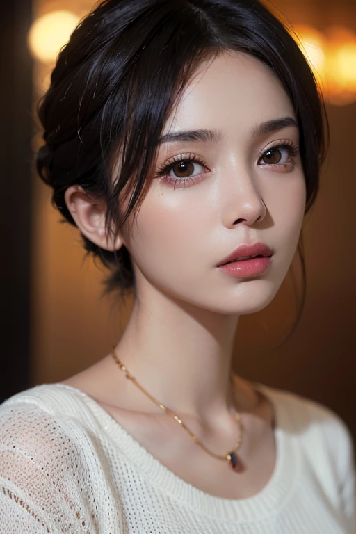 (masterpiece:1.3), (8k, photorealistic, RAW photo, best quality: 1.4), (1girl), beautiful face, (realistic face), (black hair, short hair:1.3), beautiful hairstyle, realistic eyes, beautiful detailed eyes, (realistic skin), beautiful skin, (sweater), absurdres, attractive, ultra high res, ultra realistic, highly detailed, golden ratio