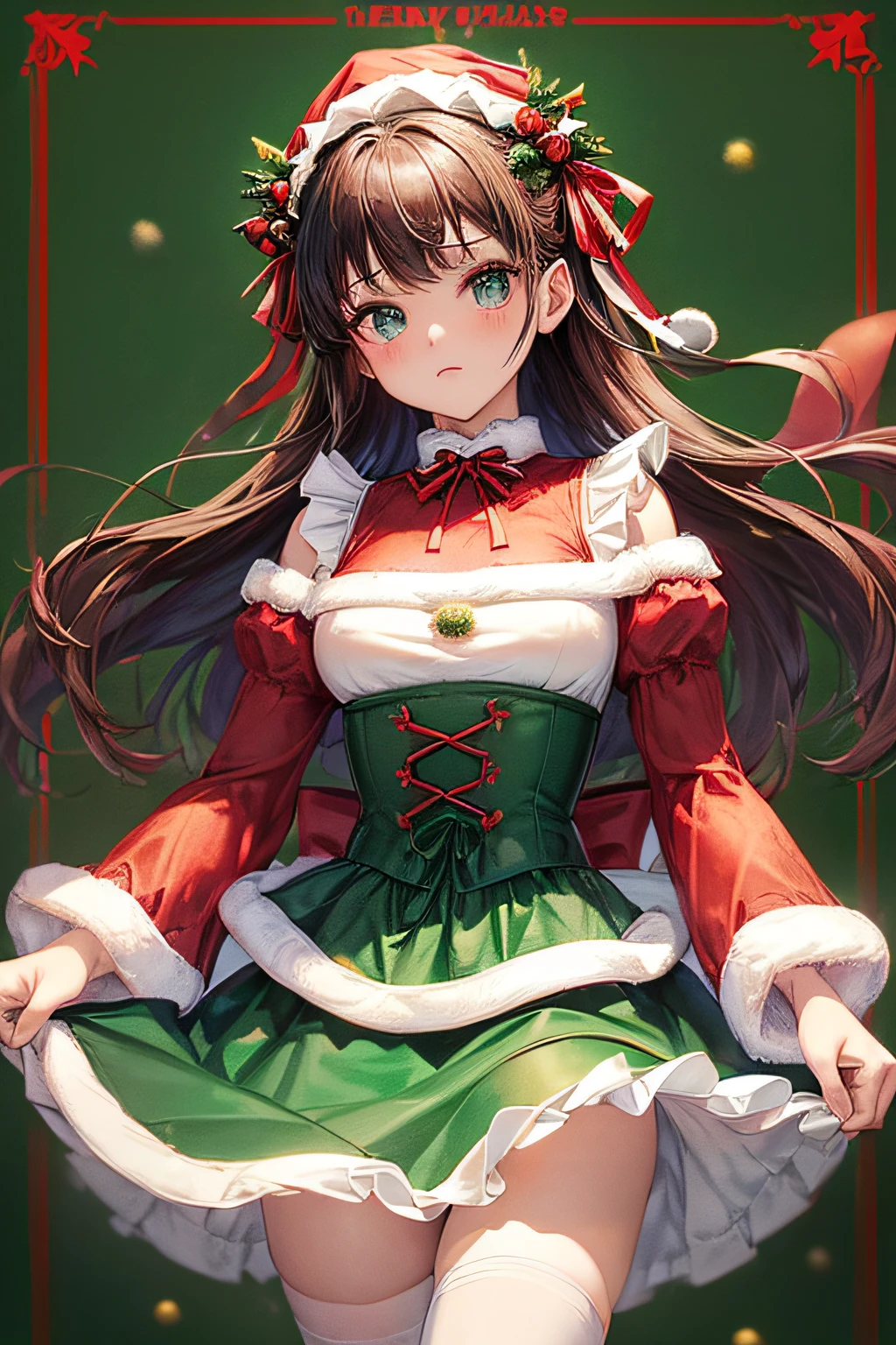 ((worst quality, low-quality)), (christmas theme:1.3), girl with, Solo, Beautiful clear eyes, (blue eyess, kirakira), Spoken Heart, (Gothic lolita, Cute, Classic fashion:1.2), (Santa hat on the head:1.4), (White Long Sleeve Ball Gown:1.4), (puff sleeves:1.3), ((Christmas Wind, Multi-layer skirt) with frills:1.4), (Lacing to the waist cincher:1.2), ((Red and Green Ribbon, frilld):1.3), (Above the knee socks with red and green argyle pattern:1.3), (Loafers with ribbon:1.2), (Castles), (Christmas nibal decorated theme park background), masutepiece, Best Quality, ultra-detailliert, masterpiece