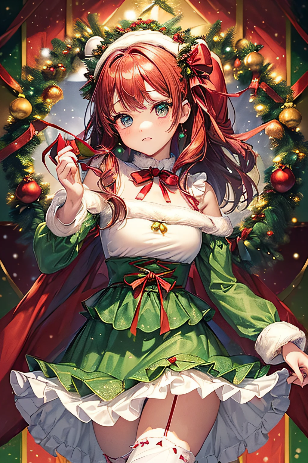 ((worst quality, low-quality)), (christmas theme:1.3), girl with, Solo, Beautiful clear eyes, (blue eyess, kirakira), Spoken Heart, (Gothic lolita, Cute, Classic fashion:1.2), (Santa hat on the head:1.4), (White Long Sleeve Ball Gown:1.4), (puff sleeves:1.3), ((Christmas Wind, Multi-layer skirt) with frills:1.4), (Strangling the wesgarter with a string:1.2), ((Red and Green Ribbon, frilld):1.3), (Red and green argyle pattern above the knee socks:1.3), (Loafers with ribbon:1.2), (Castles), (Theme park background decorated for Christmas), masutepiece, Best Quality, ultra-detailliert, ​masterpiece